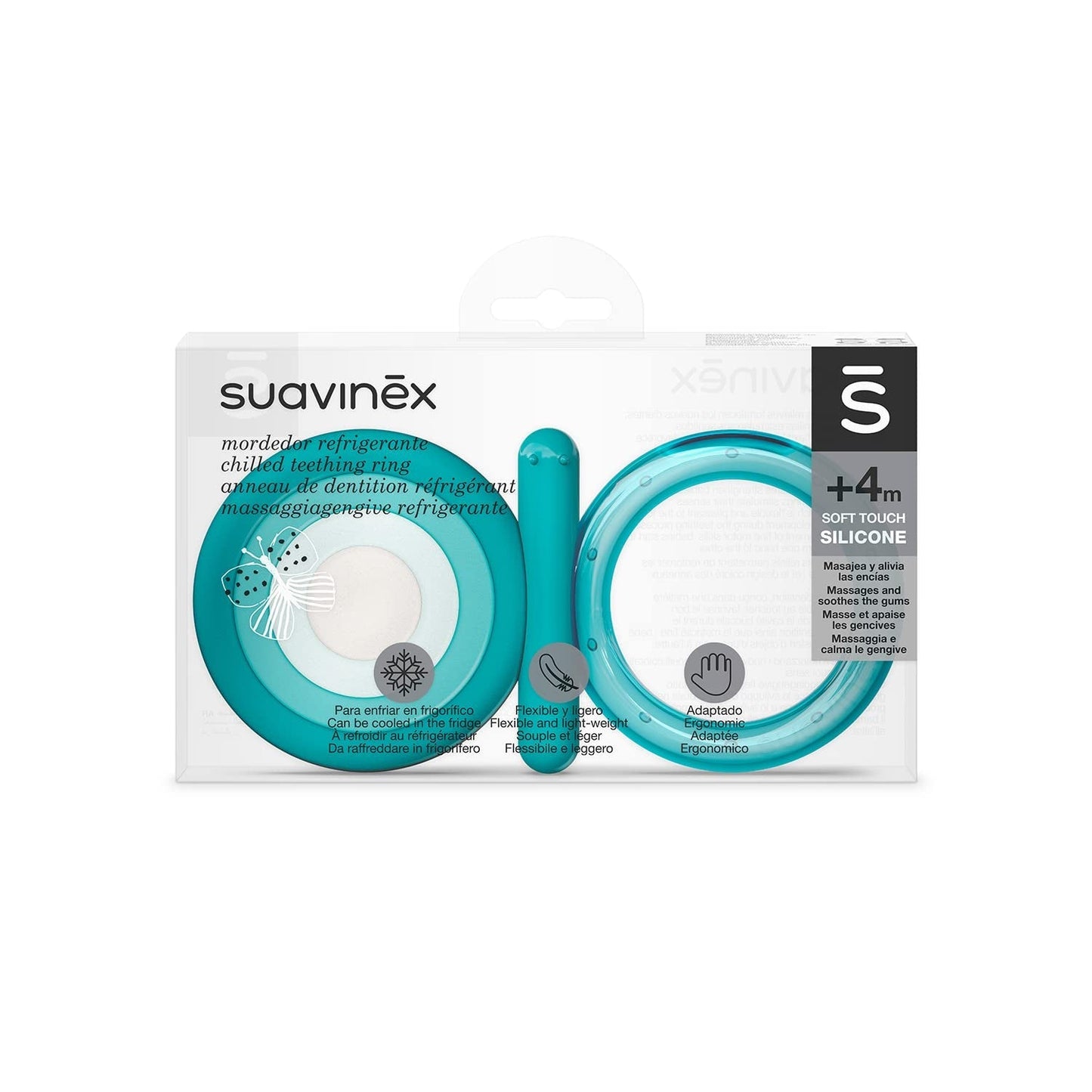Suavinex Baby-Silikon-Beißring + 4 Monate, kühles, weiches und helles Schmetterlingsblau-Beißring