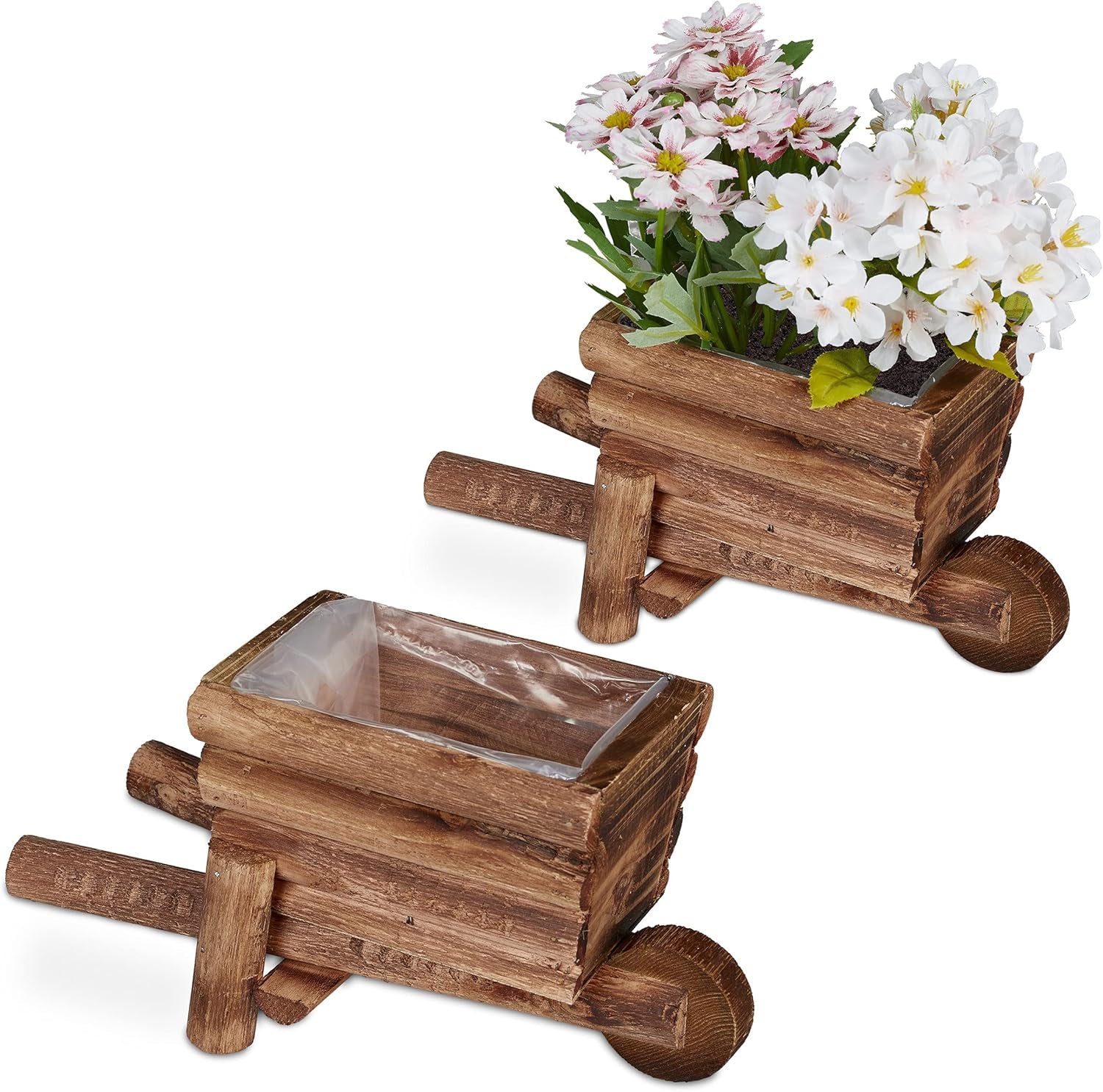 Relaxdays Pflanzschubkarre, 2er-Set, Gartendeko, HxBxT: 12,5 x 26 x 12 cm, Blumenwagen zum Bepflanzen, Holz, natur