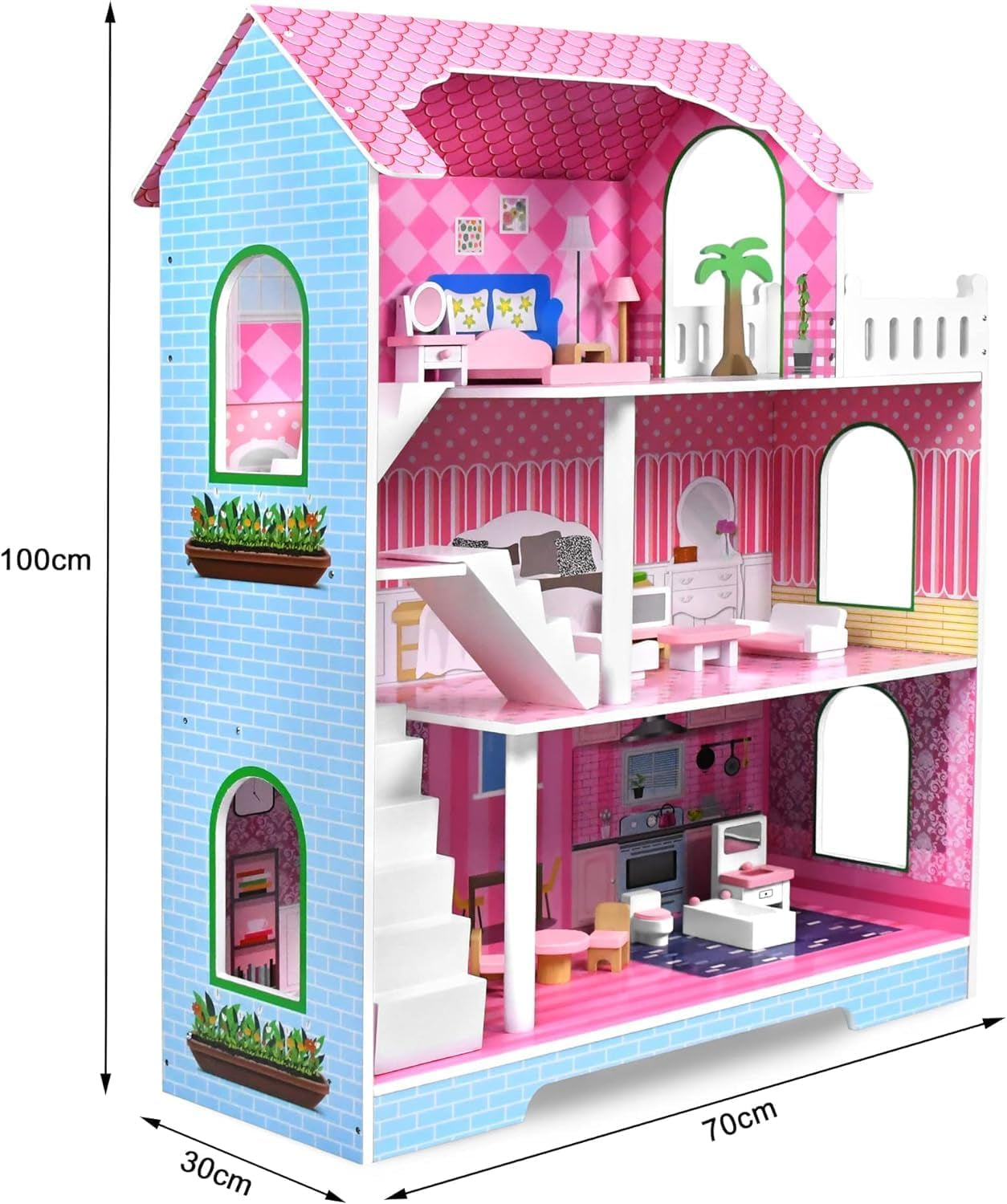 HENGMEI Puppenhaus Kinder Holz Puppenvilla Dollhouse Set Mädchen Spielset 3 Etagen Haus mit Möbeln und Zubehör, 70x30x100cm Puppenhäuser für Kinder (Typ B)