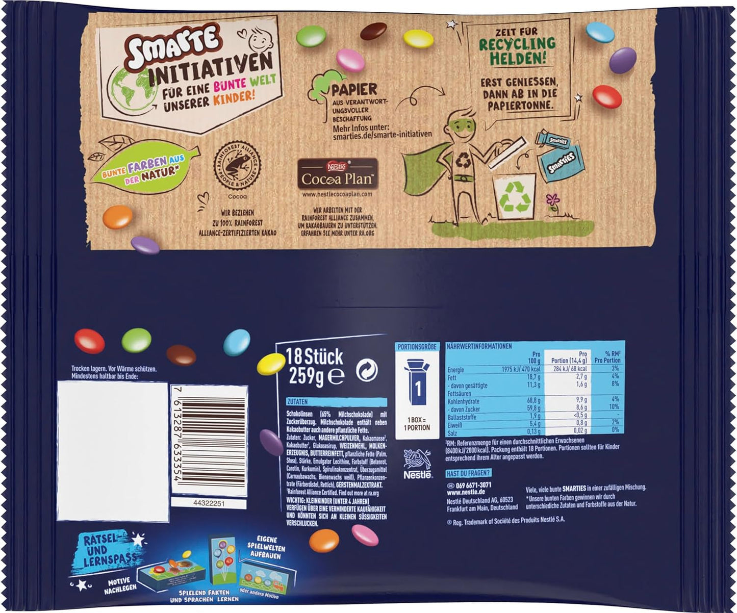 Nestlé SMARTIES Mini XXL Beutel, farbige Linsen mit Schokolade, ideal zum Teilen und Genießen mit Familie und Freunden, natürliche Farben, recycelbare Verpackung, 1 Packung (1 x 259 g)