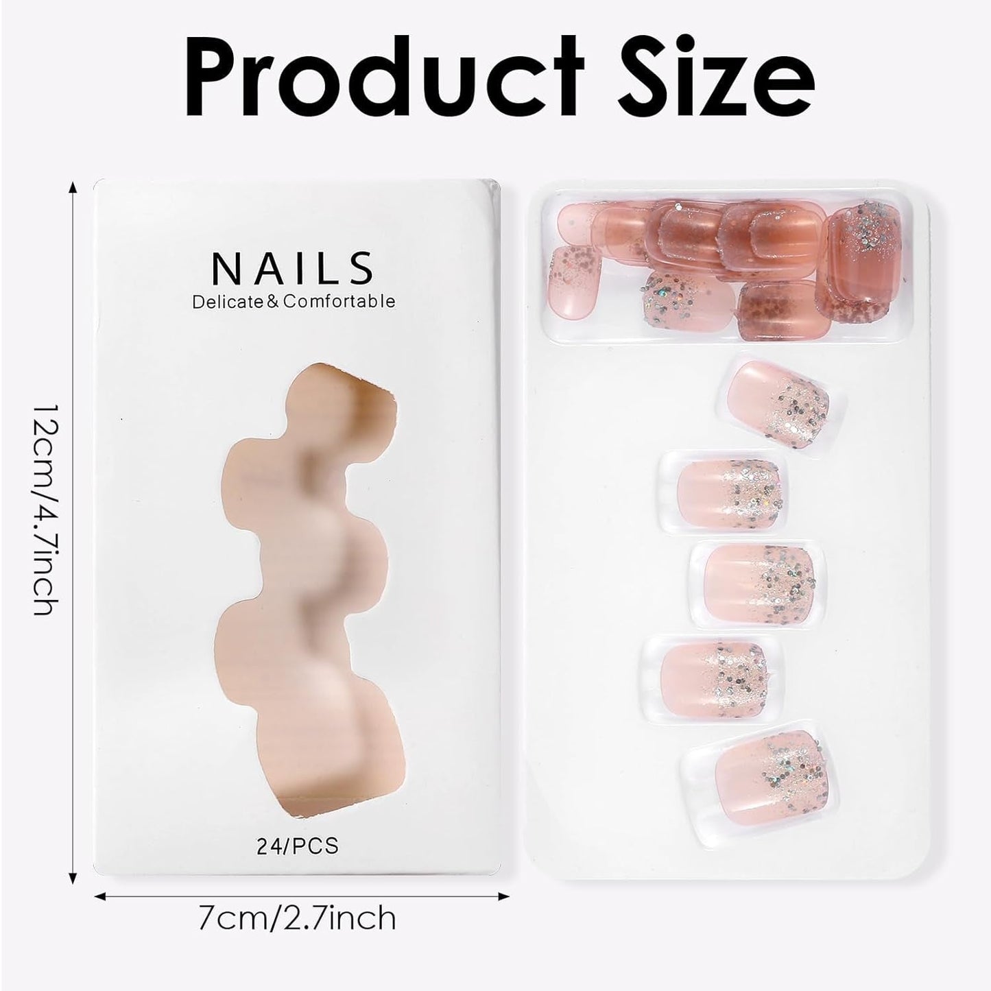 48 Stück kurze Nägel zum Aufkleben, 2 Stile, kurze quadratische französische Nägel mit Nagelkleber und Nagelfeile, rosa, weiße Ombre-Kunstnägel für Frauen