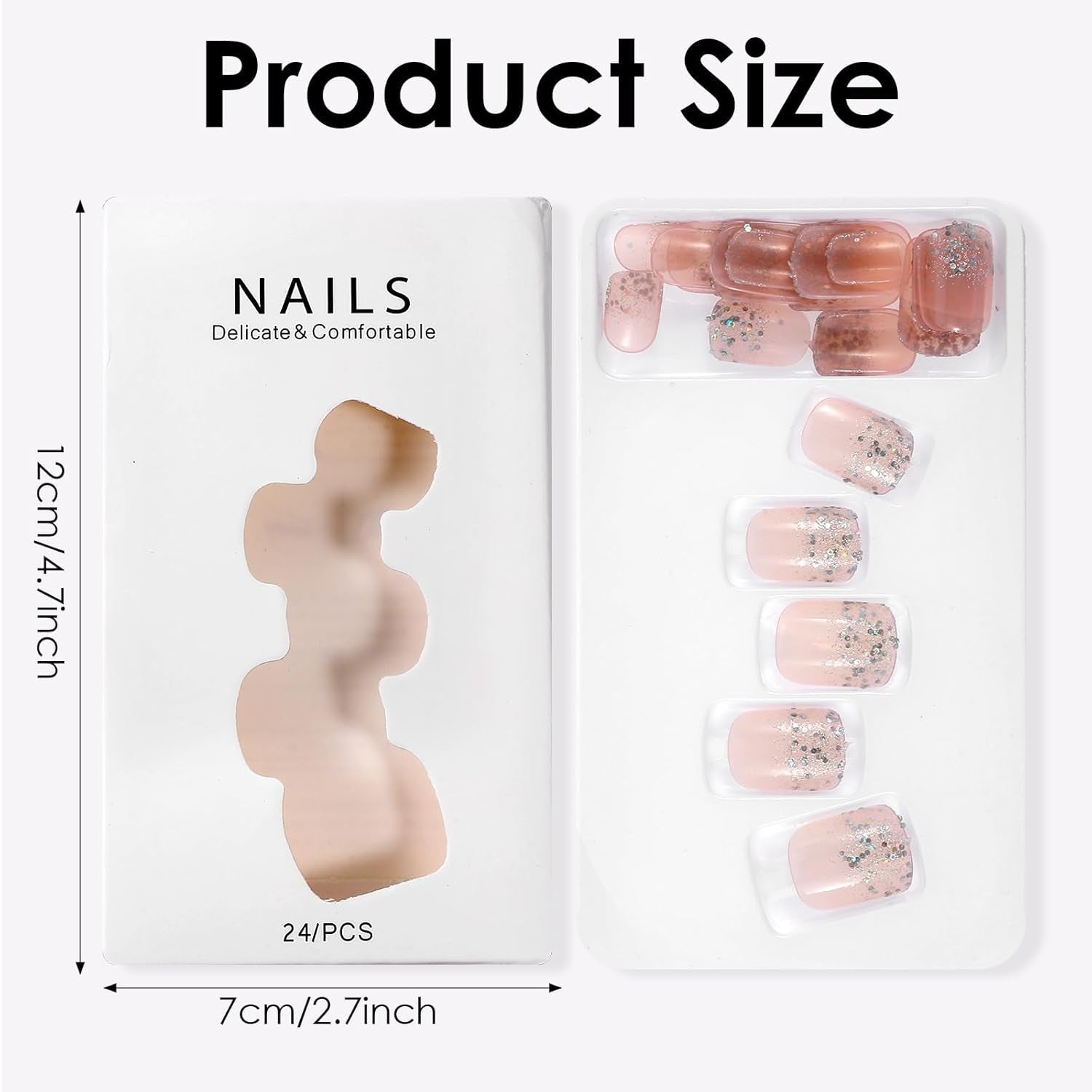 48 Stück kurze Nägel zum Aufkleben, 2 Stile, kurze quadratische französische Nägel mit Nagelkleber und Nagelfeile, rosa, weiße Ombre-Kunstnägel für Frauen
