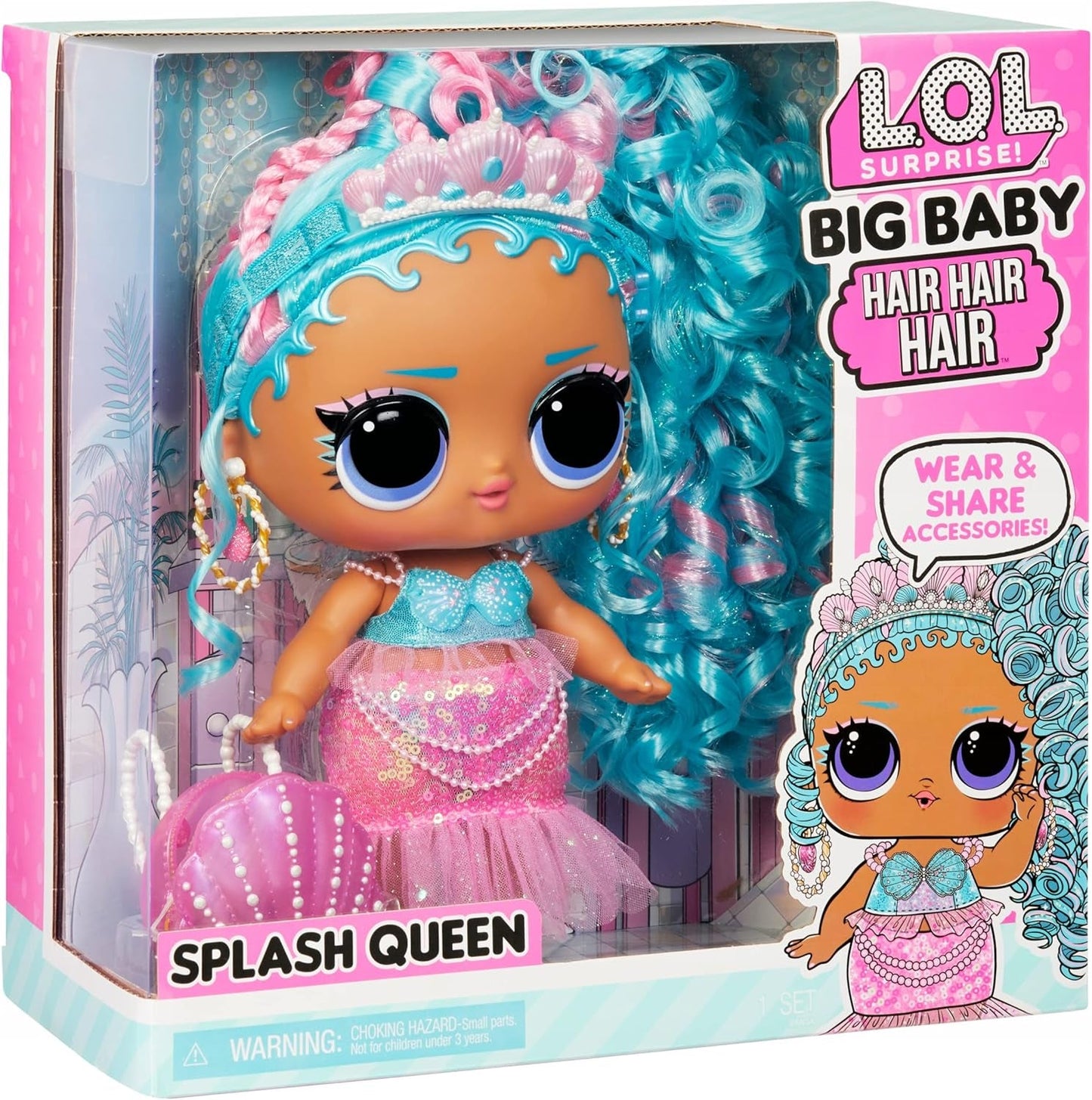 LOL. Überraschung! Big Baby Hair Hair Hair – SPLASH QUEEN – 27,94 cm große Puppe mit 14 Überraschungen, Accessoires zum Teilen und echten Haaren – Für Kinder und Sammler ab 4 Jahren