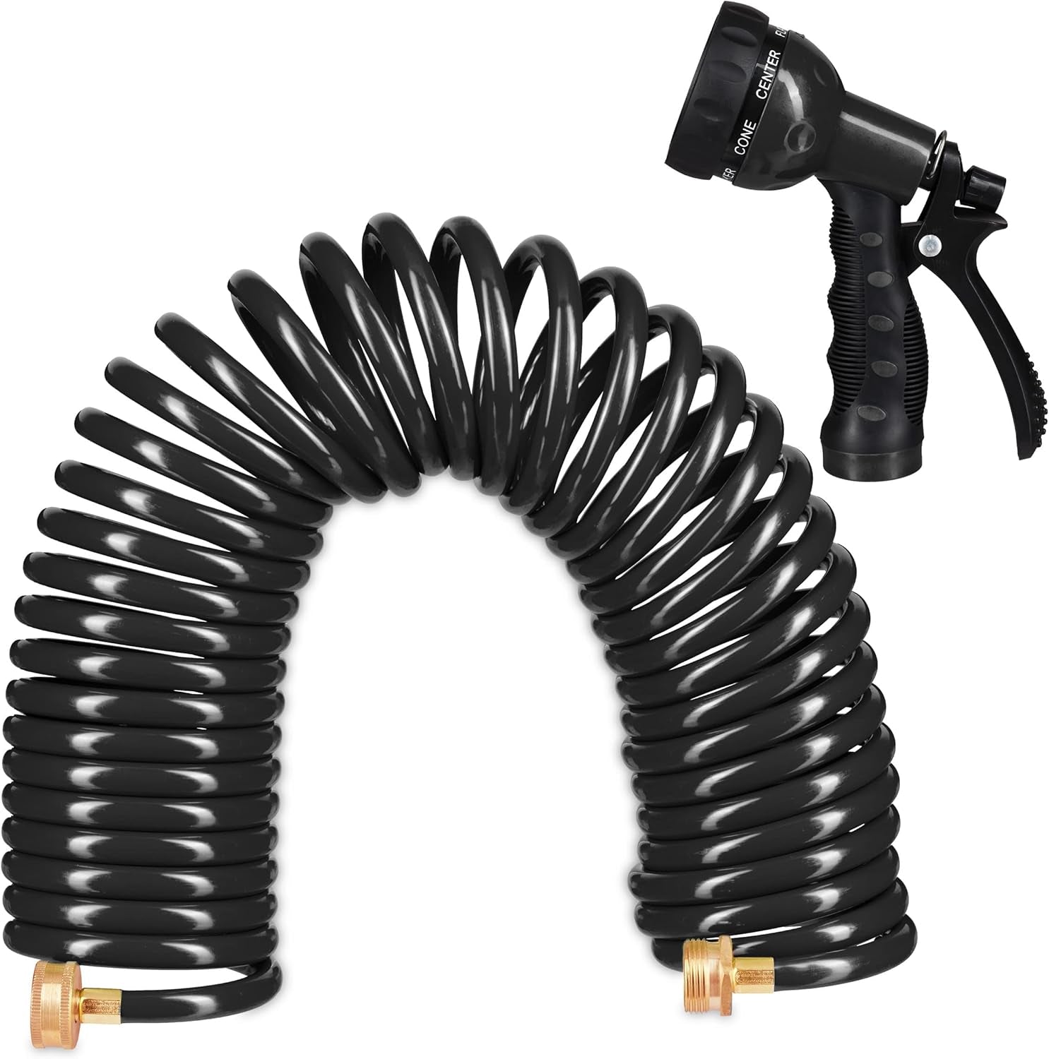 Relaxdays Spiralschlauch, ausziehbar bis 10 m, flexibler Gartenschlauch mit Wassersprüher, 7 Sprühmuster, schwarz