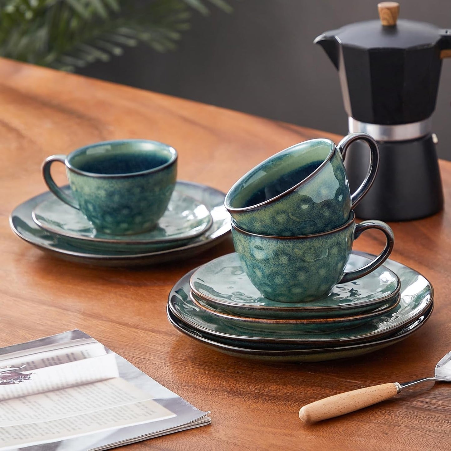 Vancasso Steingut-Kaffeeservice STARRY, 12-teiliges Kaffeeset für 4 Personen, inklusive Kaffeetassen und Untertassen im Vintage-Look