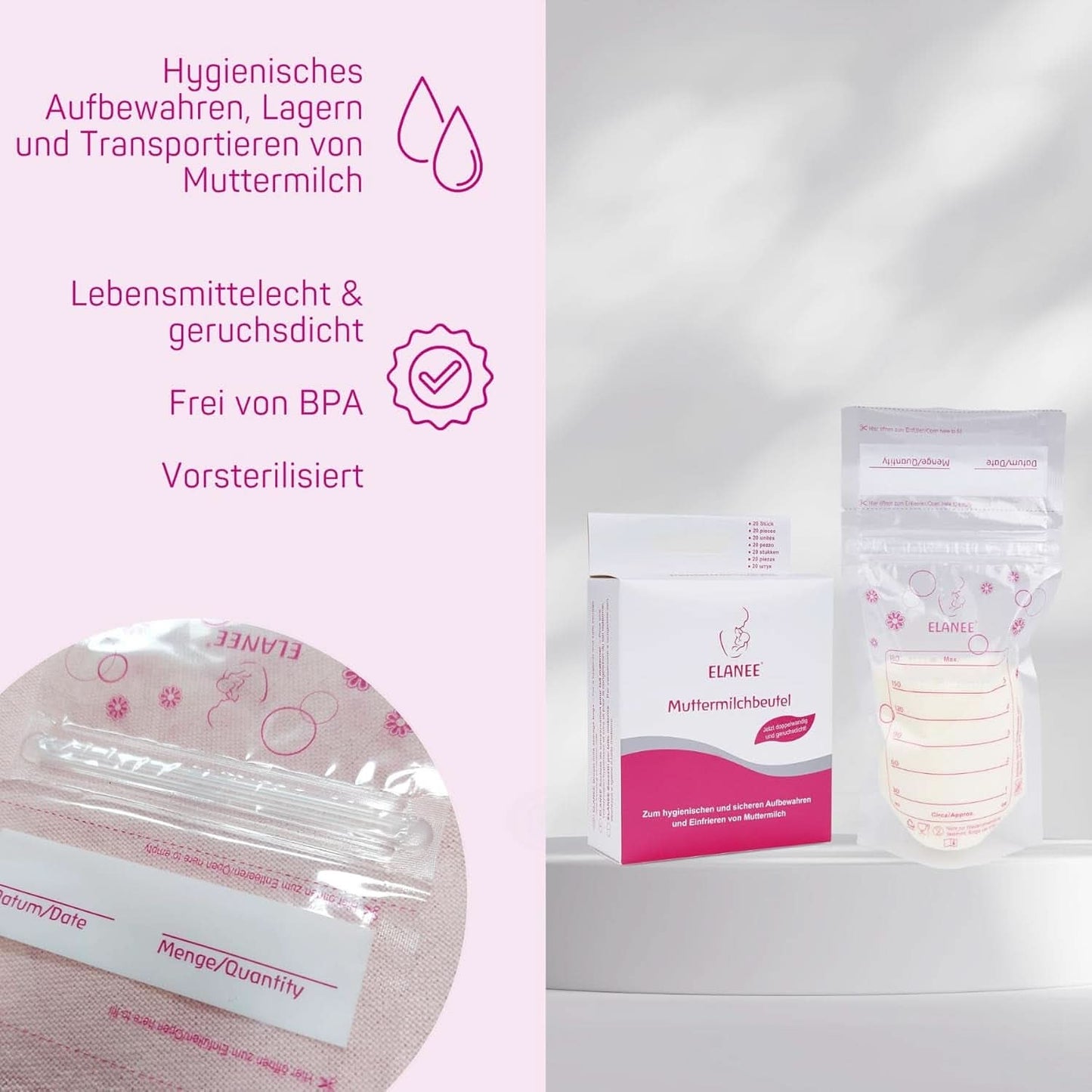 ELANEE Muttermilchbeutel, Aufbewahren & Einfrieren Von Muttermilch, Geschmackneutral Und Vorsterilisiert, Doppelter Sicherheitsverschluss, 20 Stück, Mit Standfuß (711-00) Babynahrung und Stillzubehör Naty Shop