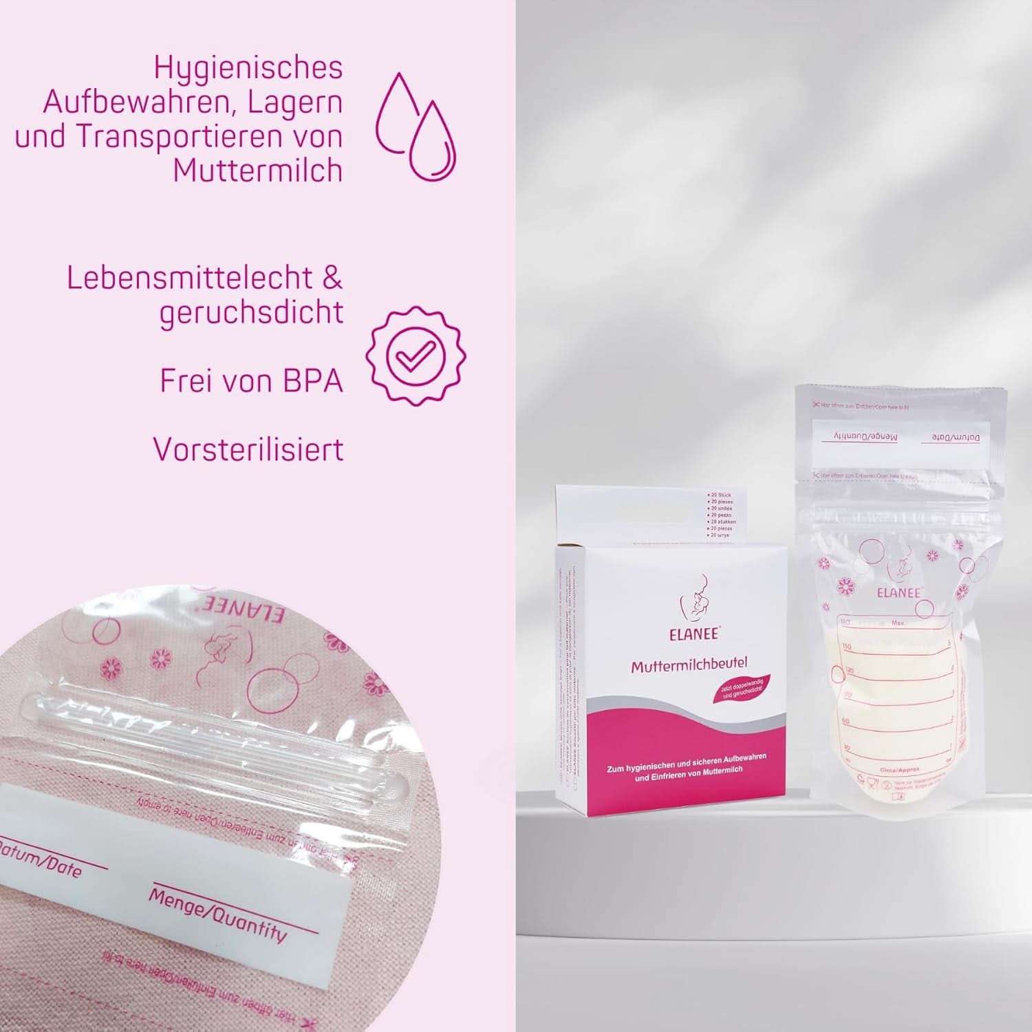 ELANEE Muttermilchbeutel, Aufbewahren & Einfrieren Von Muttermilch, Geschmackneutral Und Vorsterilisiert, Doppelter Sicherheitsverschluss, 20 Stück, Mit Standfuß (711-00) Babynahrung und Stillzubehör Naty Shop