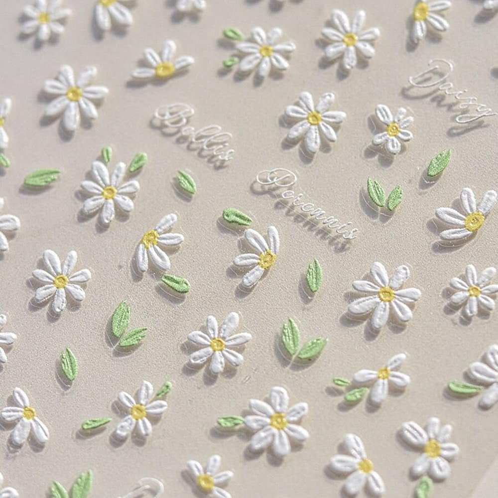 5D geprägte weiße Gänseblümchen-Nagelaufkleber, Blumen, Nagelaufkleber, Blumen, Folie, selbstklebende Aufkleber, Nagelkunstaufkleber, Gänseblümchen, Nageldekorationszubehör, Blumendesign-Aufkleber, Nagelkunst