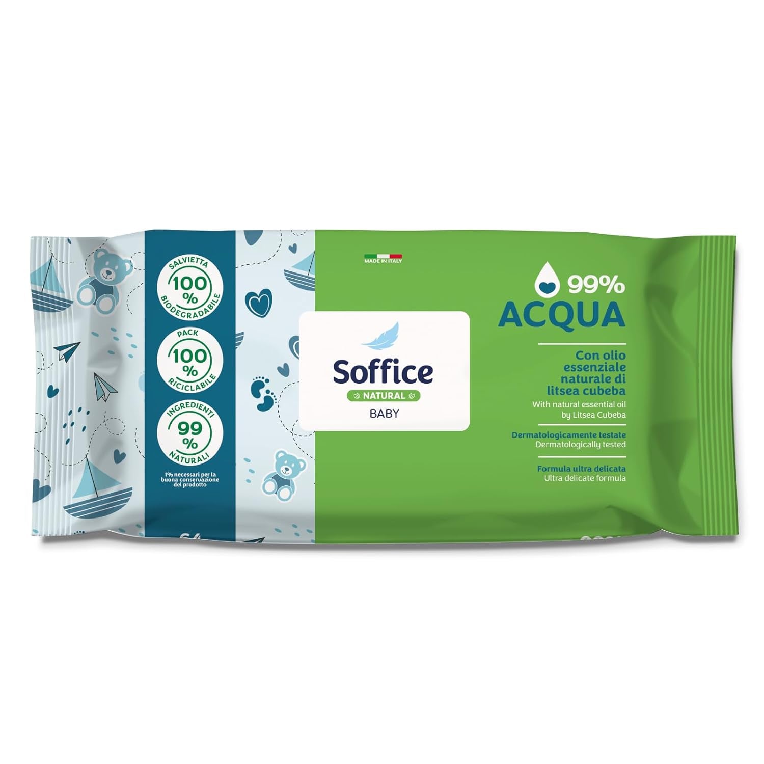 Natürliche, reinigende Feuchttücher für Babys, 99 % Wasser, sehr sanfte Formel für die tägliche Hygiene von Kindern und Neugeborenen – 12 Packungen mit 64 Tüchern