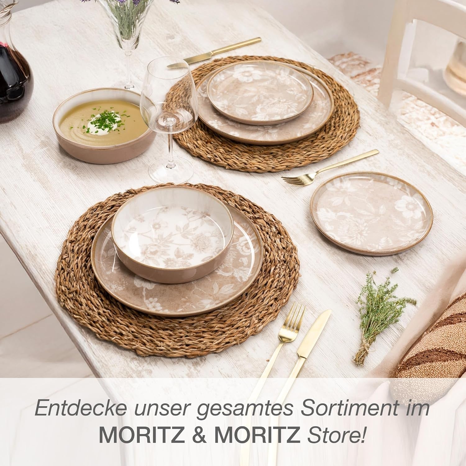 Moritz & Moritz MARIELLA 24-teiliges Steingut-Geschirrset für 6 Personen – Modernes beigefarbenes Geschirr mit verspieltem Design, pflegeleichtes Kaffeeservice mit Tellern, Schüsseln und Tassen – Kombinationsset
