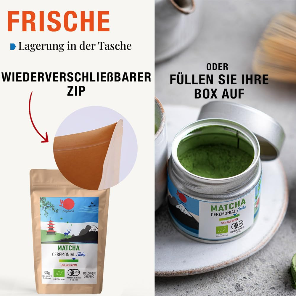 ORIGEENS BIO MATCHA CEREMONIAL GRADE „SHIKA“ – Japanischer Bio-Tee aus Shizuoka – Matcha Latte/Usucha – 30 g Nachfüllbeutel – Bio-Matcha-Grüntee-Pulver in Zeremonienqualität