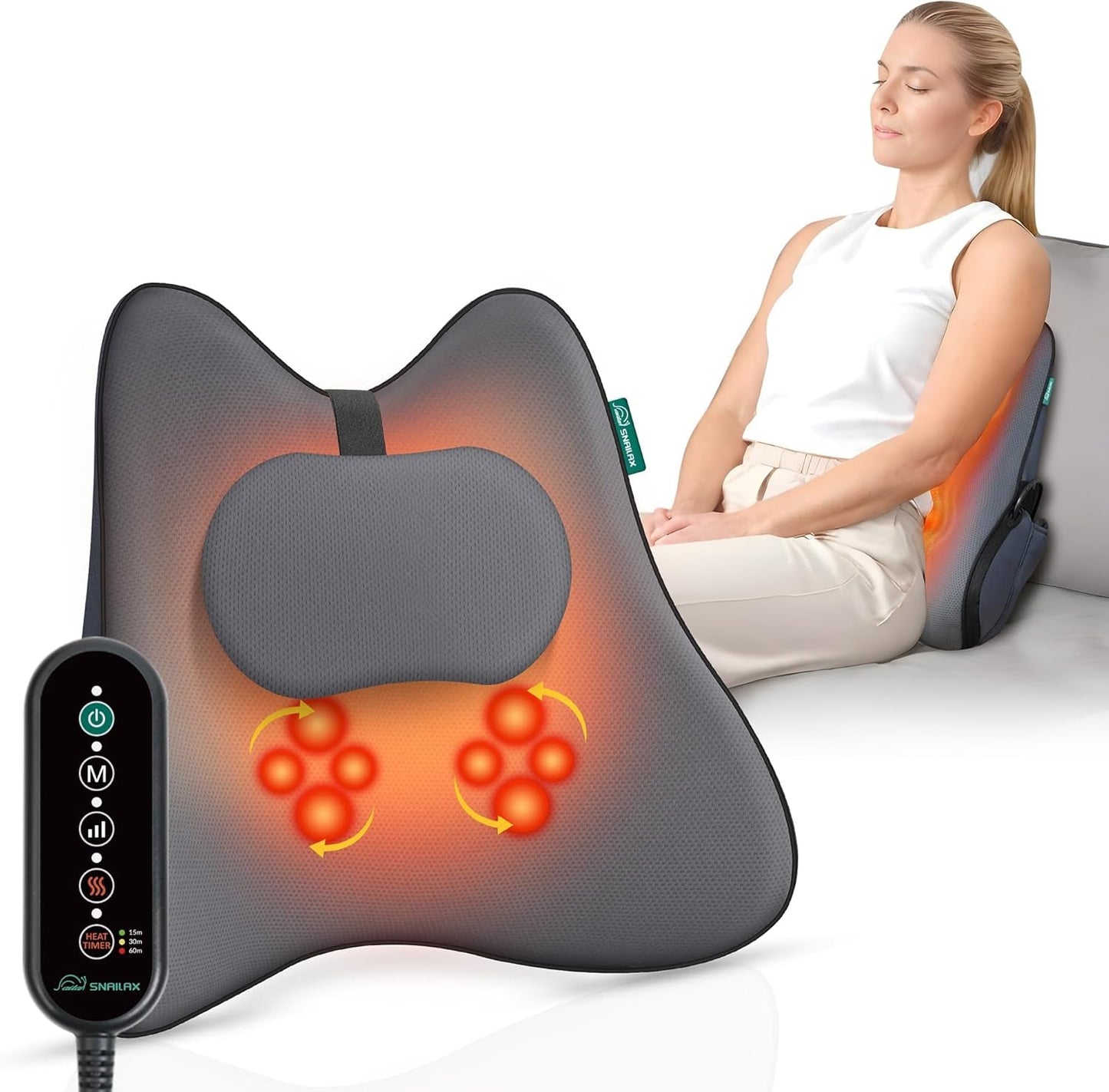 Snailax Ergonomisches Lendenwirbelstützkissen mit Massage und Wärme, Shiatsu-Rückenkissen aus Memory-Schaum, Sitzkissen mit 3 Massageintensitäten | 2 Heizstufen | 3 Timer | bequeme Sitzhaltung