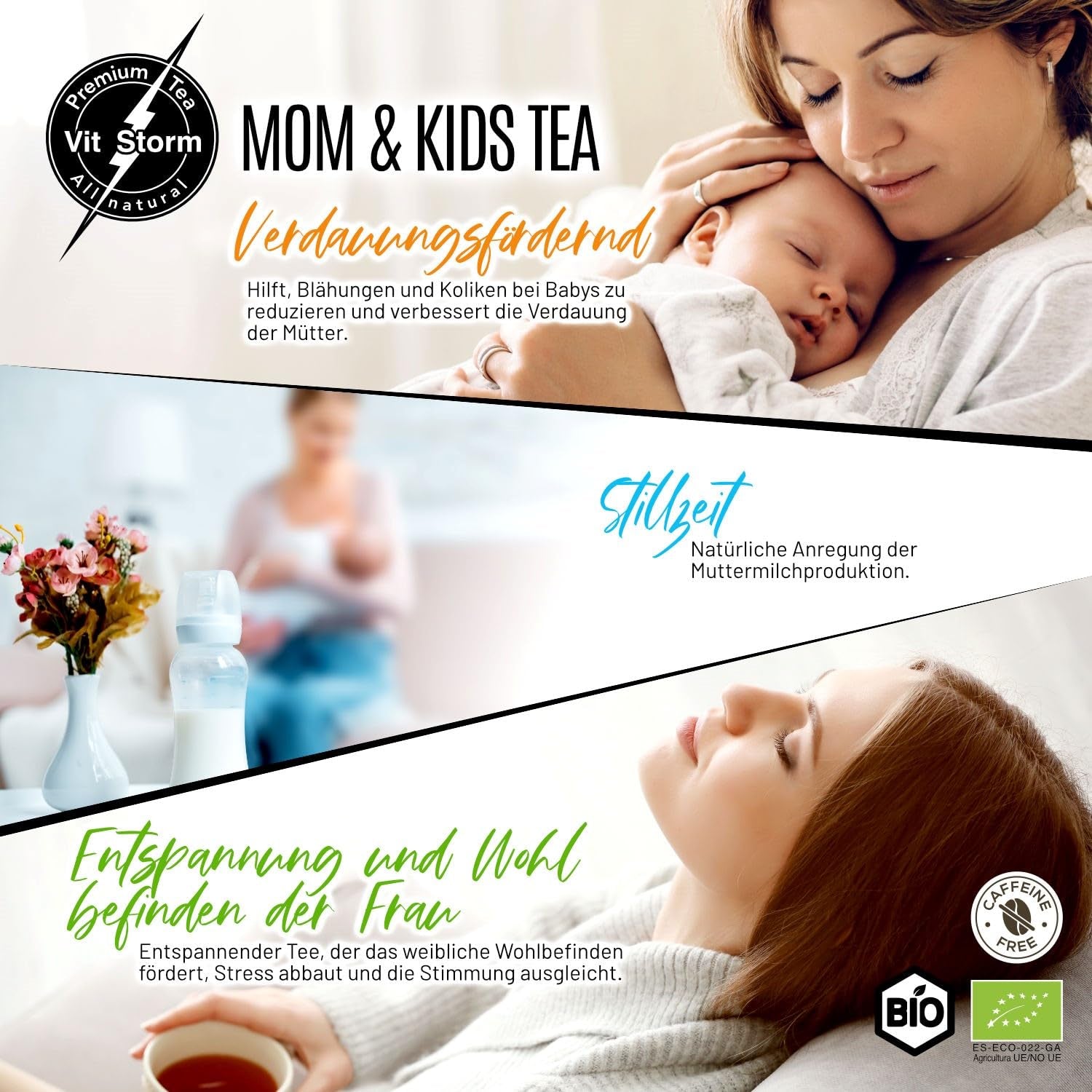 VITSTORM® BIO TEE Mom & Kids – Tee für Frauen und Stillende – Rooibos, Apfel, Fenchel, Zitronenmelisse, Alchemilla, Erdbeere – Entspannender Tee – Fruchtig und lecker – Koffeinfrei – Kräutertee 100 g