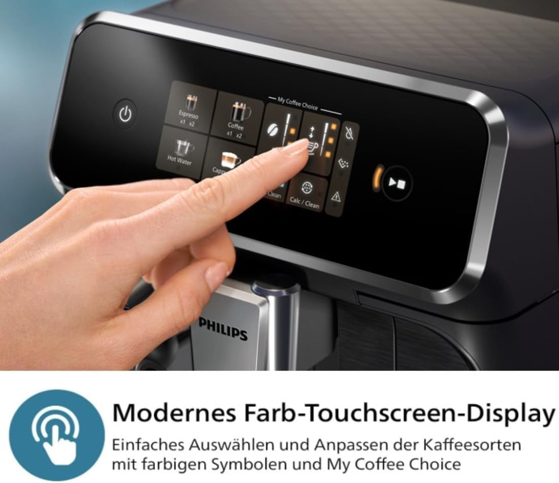 Automatische Espressomaschine PHILIPS 2300-Serie – 4 Getränke, moderner Farb-Touchscreen, LatteGo-Milchzubereitungssystem, SilentBrew, Mahlwerk aus 100 % Keramik, AquaClean-Filter. Mattschwarz (EP2330/10)