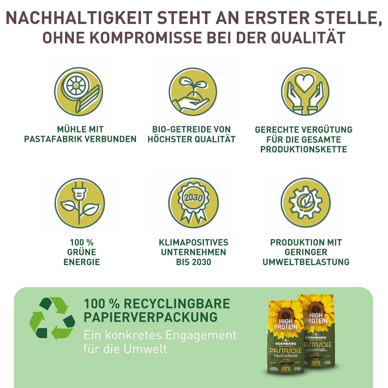 PASTASOLE , Penne Rigate mit Hartweizengrieß aus 100% italienischem Anbau und Sonnenblumenkernmehl – ​​500g – High Protein, Low Carb, Hoher Ballaststoffgehalt