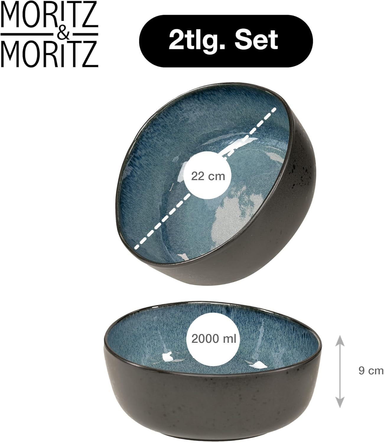 Moritz & Moritz ORGANIC Servierschalen-Set, Blau – 2 große hochwertige Steinzeugschalen, modern und zeitlos, mikrowellen- und spülmaschinenfest – perfekt für Salate, Pasta, Snacks und mehr