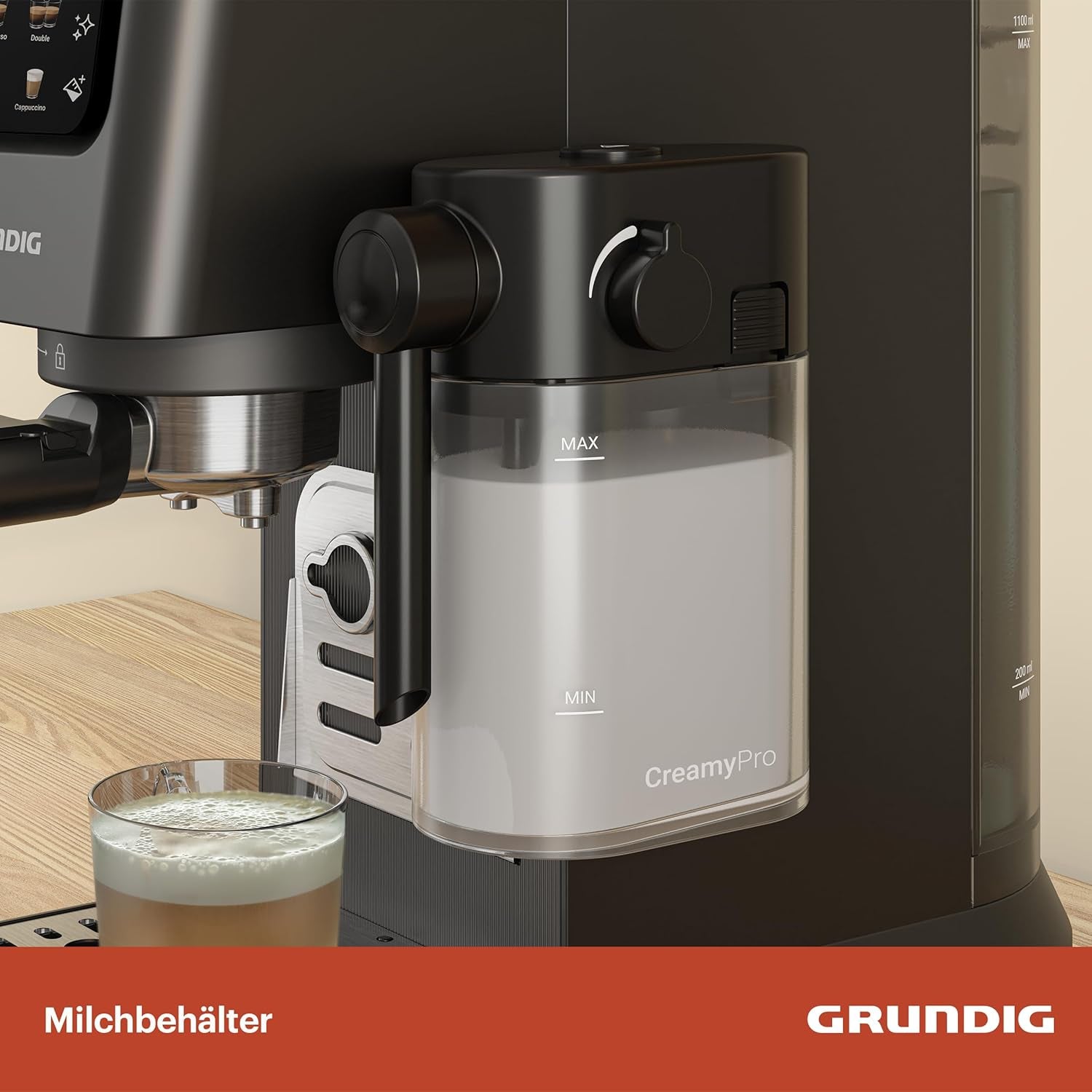 Siebträger-Espressomaschine GRUNDIG KSM 5330 mit integriertem Milchbehälter, Leistung 1628 W, Pumpendruck 15 bar, Doppeldüse, farbiges Touch-Display, BrewSense, CreamyPro, Edelstahl dunkel/Schwarz