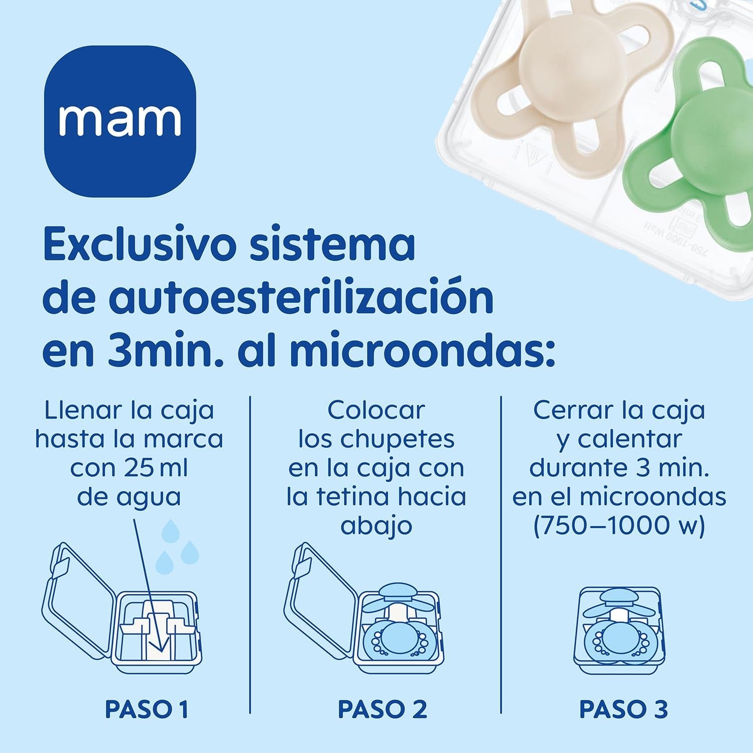 MAM Baby-Schnuller 0–2 Monate, symmetrisch, flach, flexibler Sauger, weiches Silikon, einfach zu verwenden, mit selbststerilisierender Box, original neutral, matt, 2 Stück