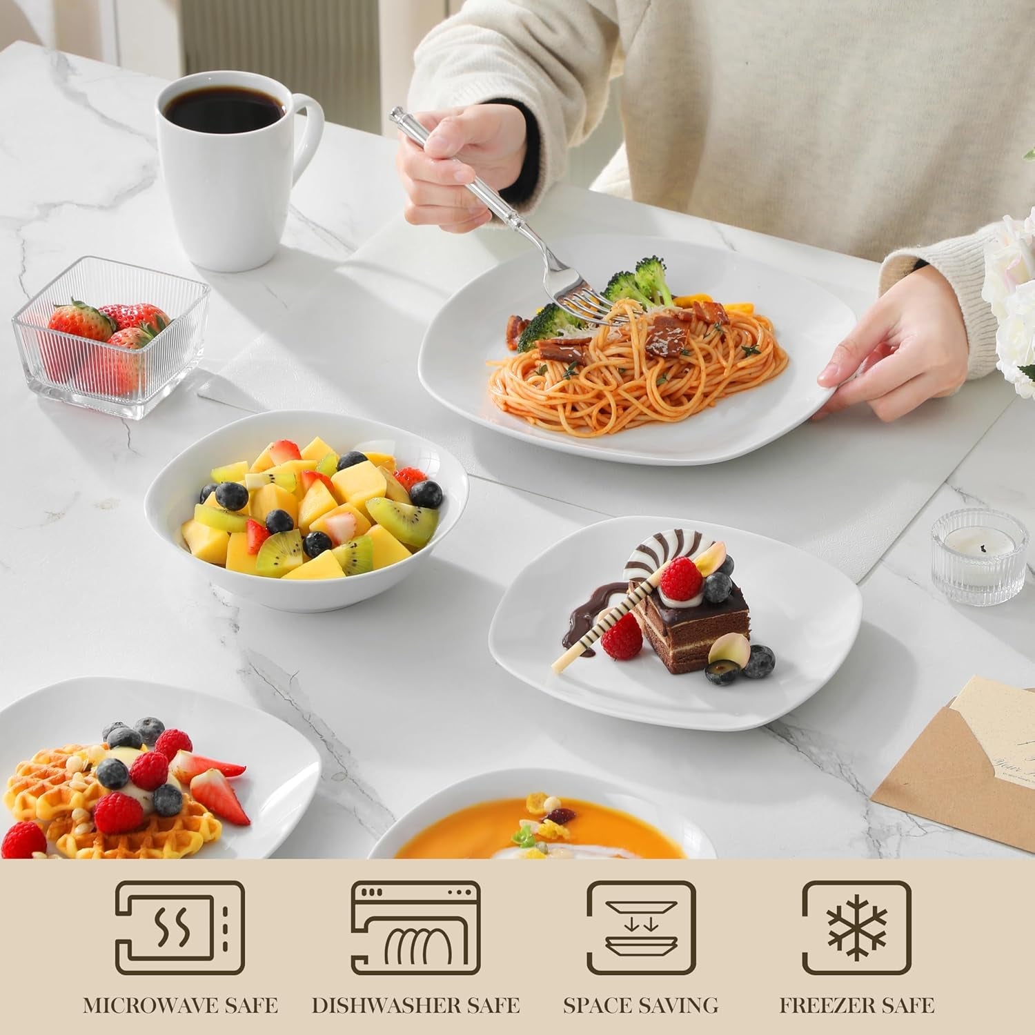 MALACASA Geschirrset für 4 Personen, 16-teiliges weißes Porzellangeschirr, modernes Geschirrset mit 4 Speisetellern, Desserttellern, Suma-Tellern und Tassen, Serie ELISA