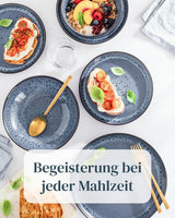 18-teiliges Keramik-Steinzeug-Geschirrset für 6 Personen, Ibiza-Design, TESTSIEGER. Ein wunderschönes mediterranes Geschirrset aus Keramiksteinzeug mit Schüsseln und Tellern. Pure Living Geschirrset in Rauchblau.