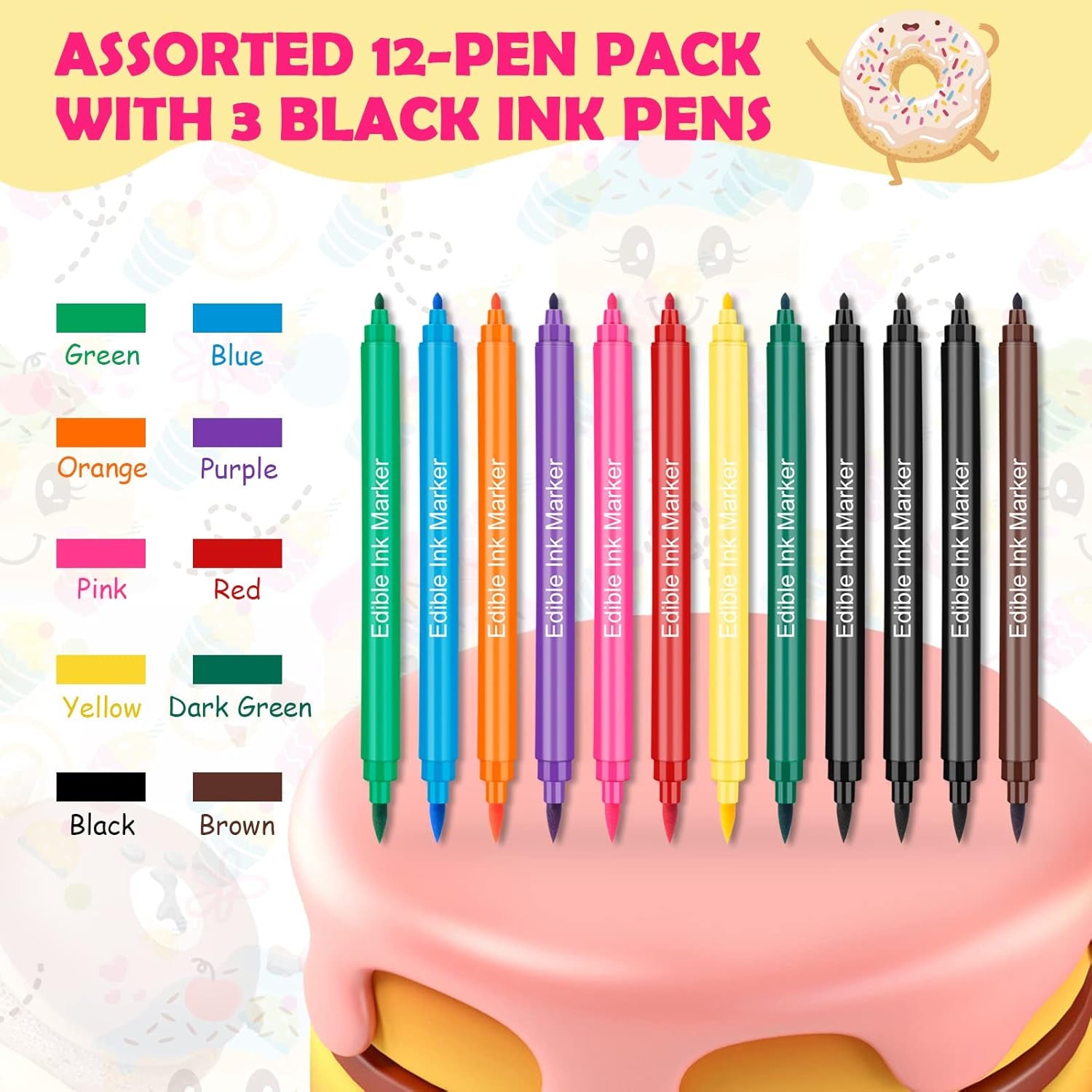 12 Stück Lebensmittelfarbstifte, Lebensmittelfarbstifte zum Backen, Lebensmittelmarker mit feiner und dicker Spitze, essbarer Stift für Kuchen, Fondant, Kekse, Ostereier, Macarons