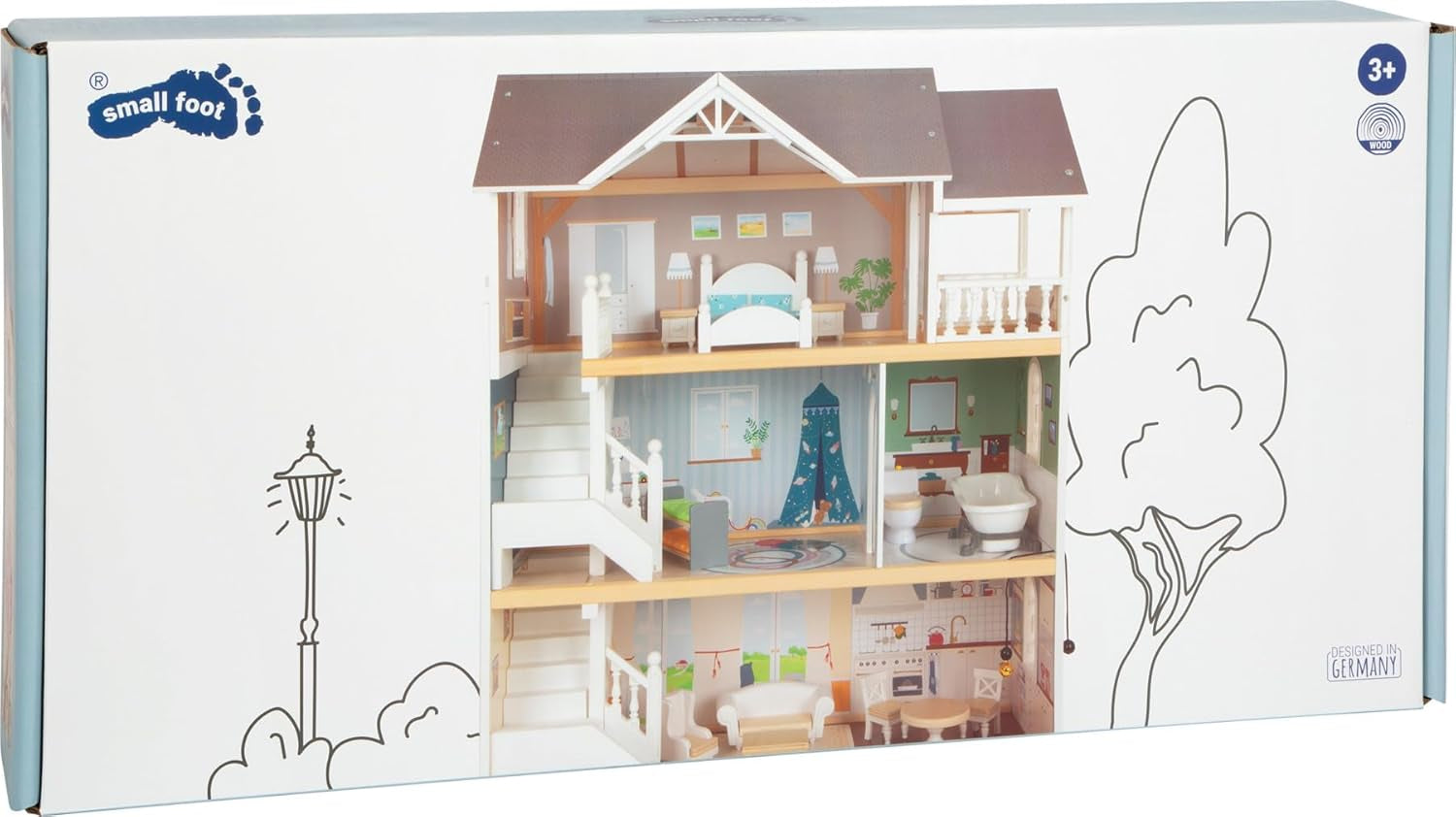 Small Foot 3-stöckiges Puppenhaus aus Holz mit offener Vorderseite und 12 Möbelstücken für Kinder ab 3 Jahren, 11802, Weißgrau