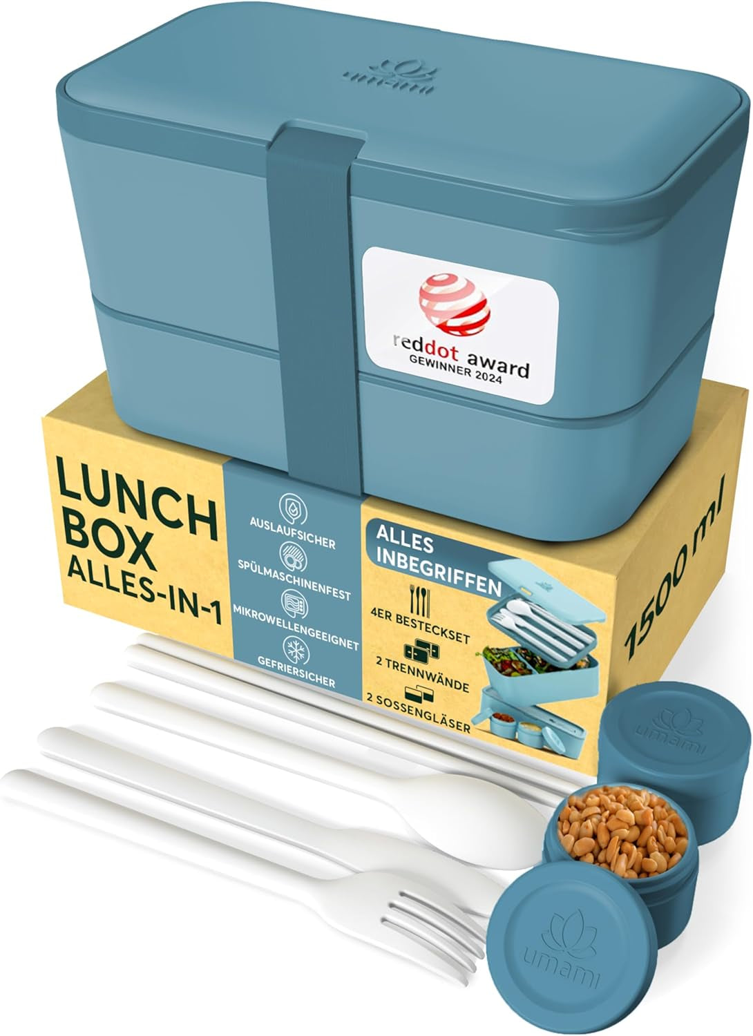 Umami Lunchbox für Erwachsene, auslaufsichere stapelbare Bento-Box mit 4 Besteck und Fächern, Lunchbox für Erwachsene, To-Go-Salatbehälter, Picknick-/Büro-Lunchbox, Anthrazit, 1500 ml