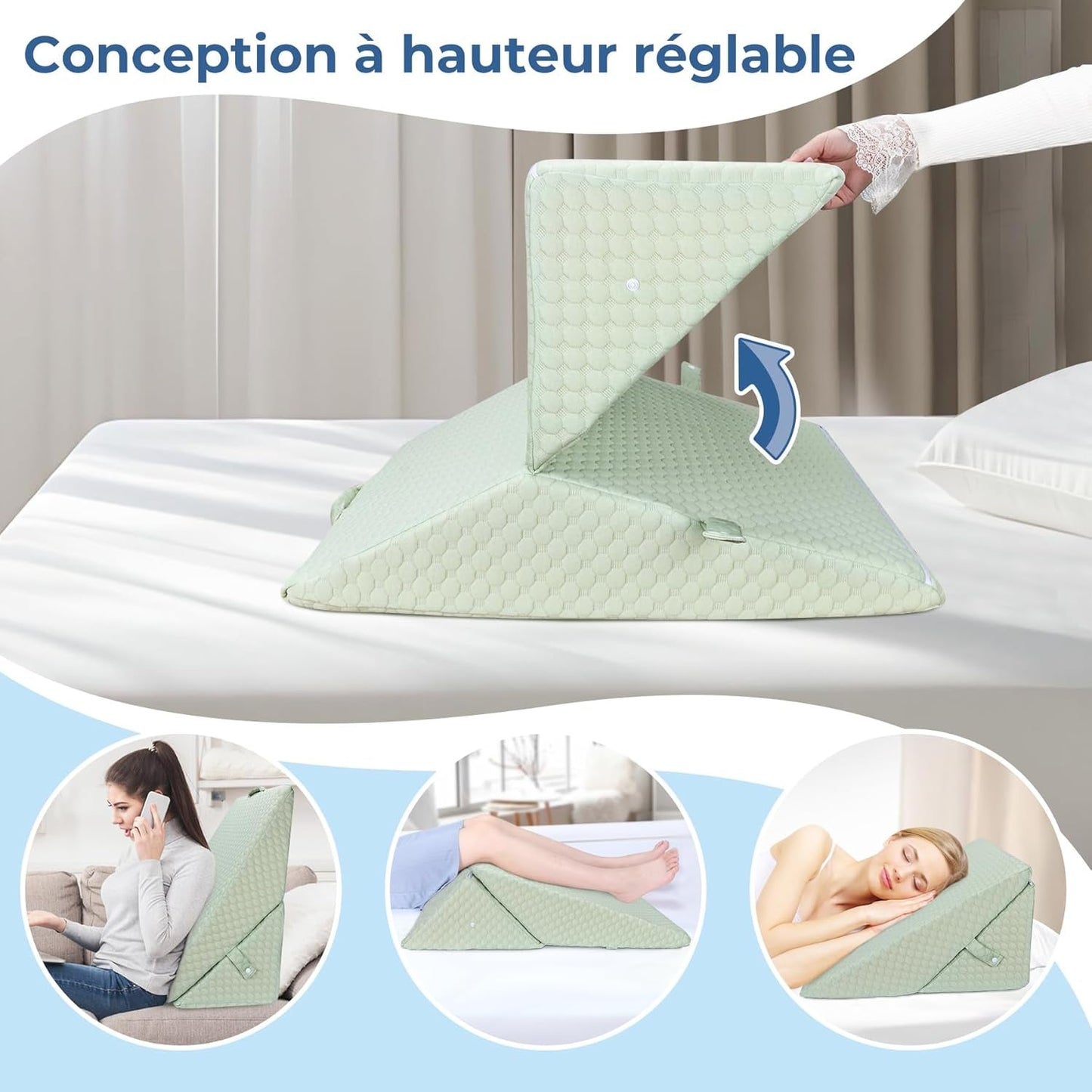 INFANZIA Keilkissen für Bett, Eckkissen, Dreieckskissen, faltbar, Memory-Schaum, Schlafapnoe, saurer Reflux, Beinhochlagerung, Lesen, grün