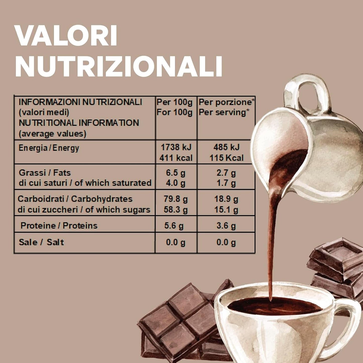 Italienische heiße Schokolade mit Cortina-Geschmack CLASSIC – (15 x 30 g) Einzelportion, Umschlag, 450 g Kakao und heiße Schokolade Naty Shop