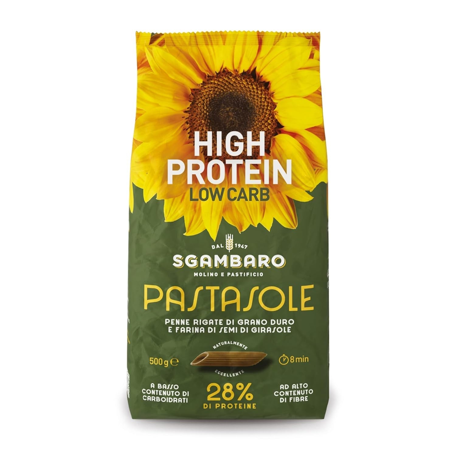 PASTASOLE , Penne Rigate mit Hartweizengrieß aus 100% italienischem Anbau und Sonnenblumenkernmehl – ​​500g – High Protein, Low Carb, Hoher Ballaststoffgehalt