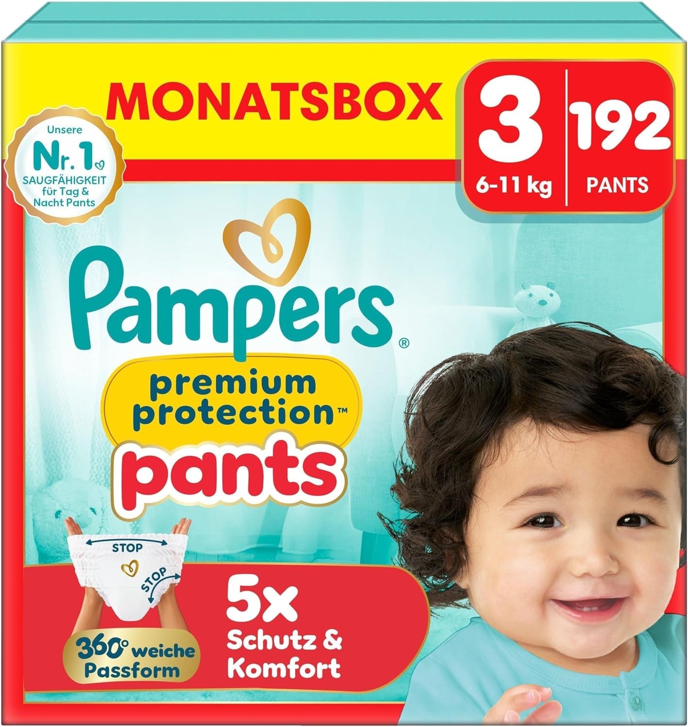 Pampers Premium Protection Pants Größe 7, 123 Windeln, 15 kg+, mit 360°-Anpassung und weichen Anti-Leck-Bündchen für optimalen Komfort und Schutz