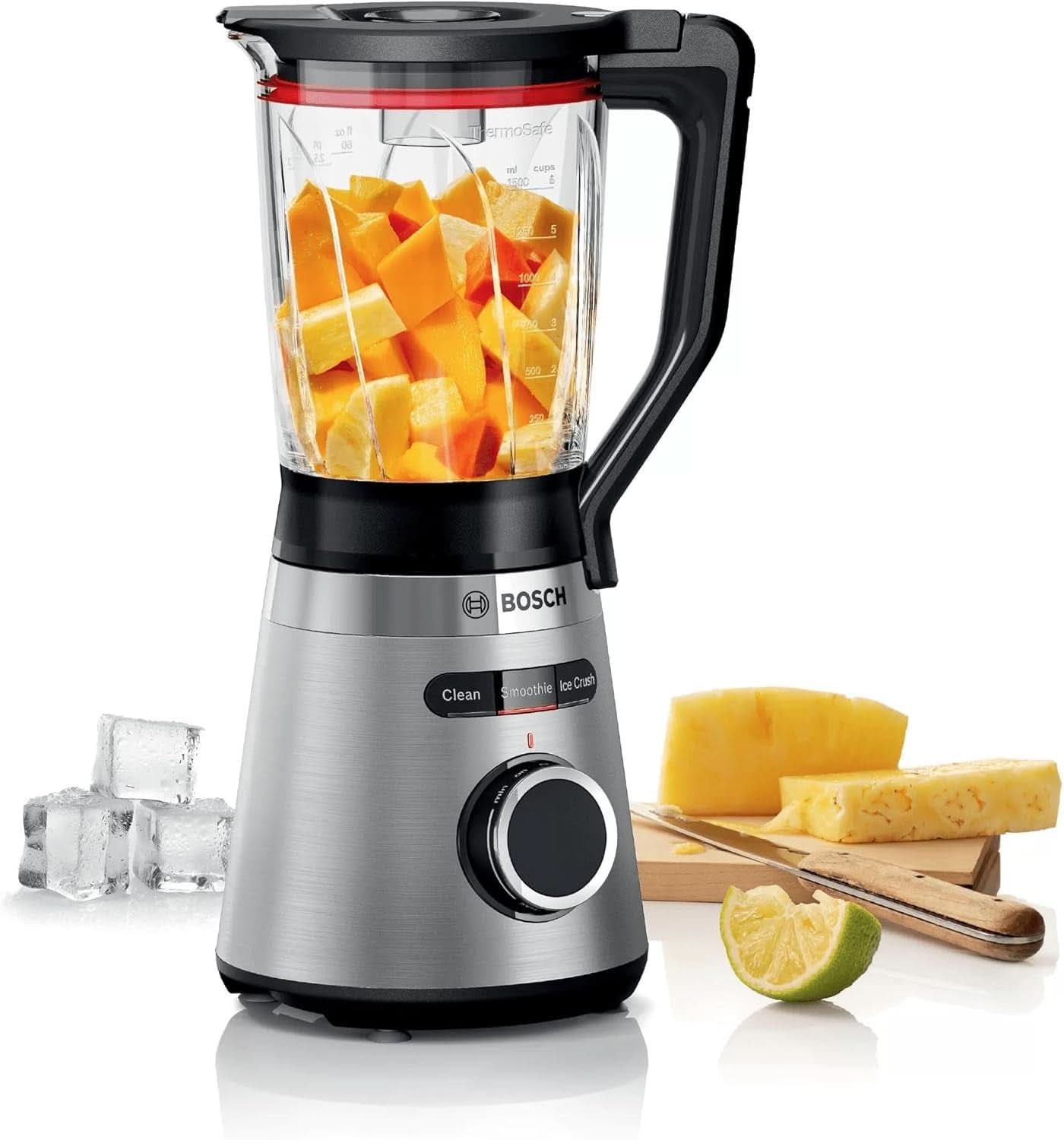 Bosch Standmixer Vitapower Serie 4 MMB6382M, Edelstahl-Klingen Made in Germany, 1.5L Thermosafe Glasbehälter, Stopfer, Sicherheitsdeckel, Spülmaschinengeeignete Teile, 30.000 U/Min, 1200 W, Edelstahl Kitchen Naty Shop
