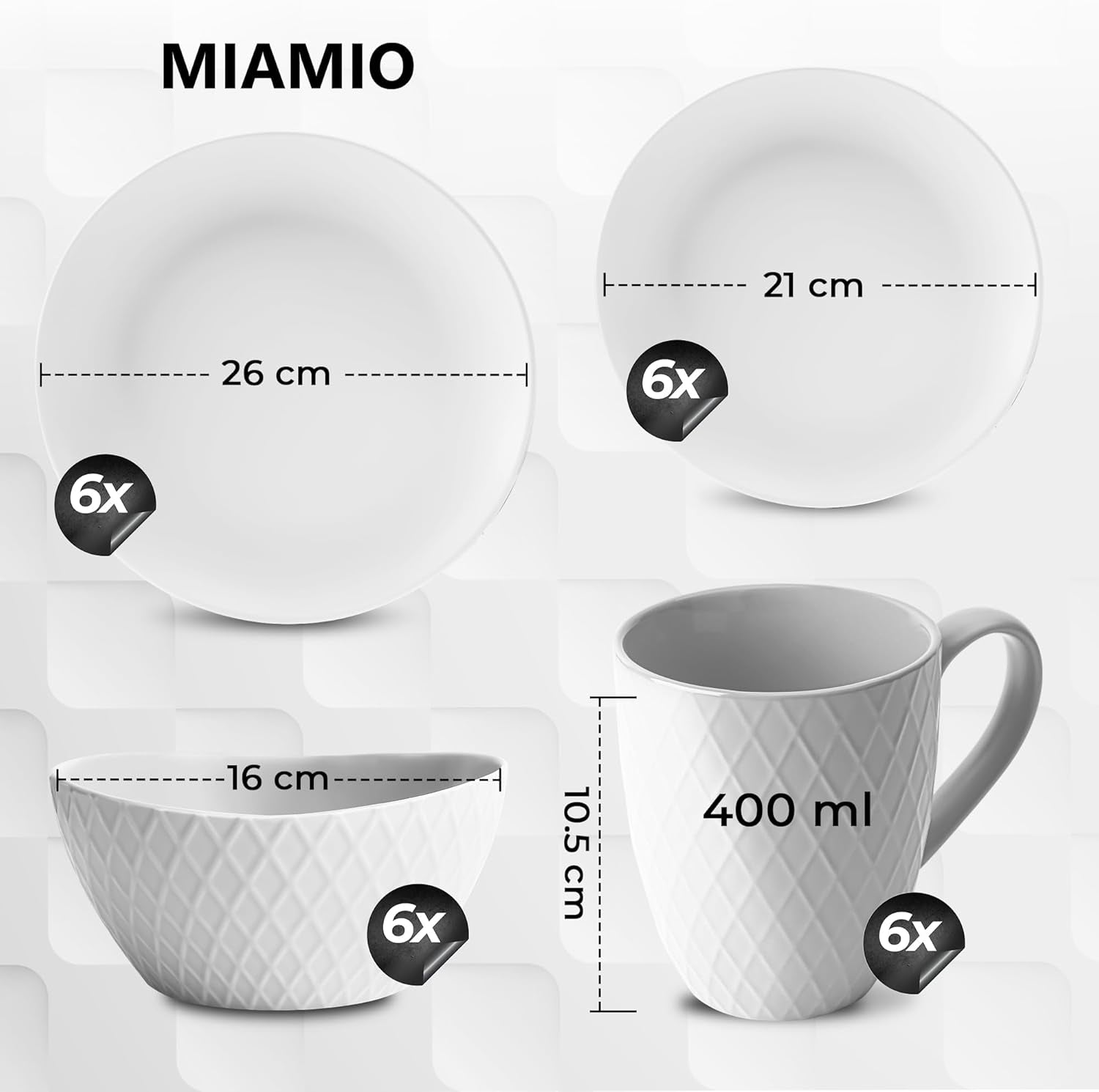 MIAMIO – Keramik-Geschirrset, 24-teilig, kombiniertes Service für 6 – spülmaschinen- und mikrowellengeeignet – Palmanova-Kollektion (weiß)