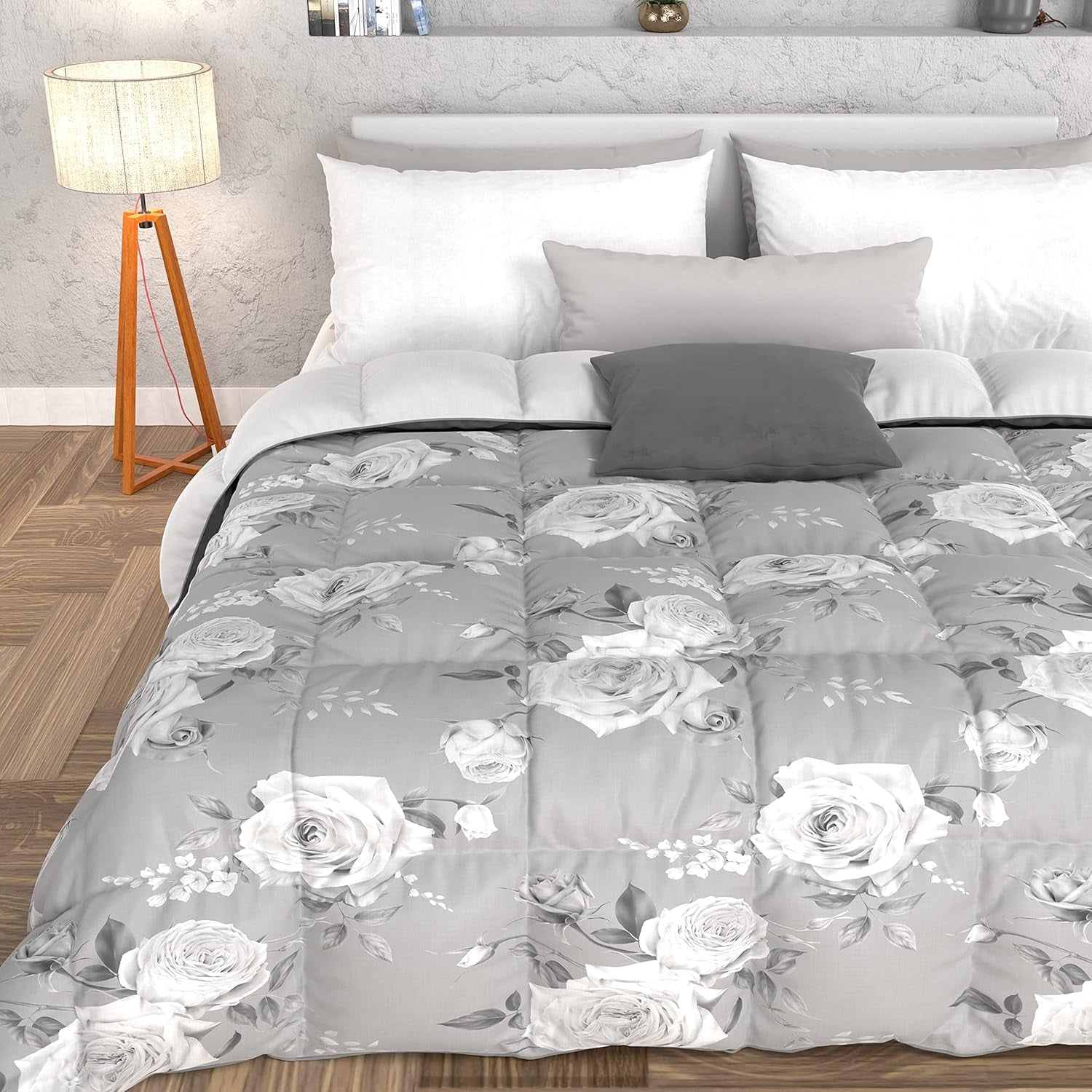 PETTI Artigiani Italiani - Winterdecke, Winterdecke, einfache Steppdecke, doppelseitig, einfarbig und Digitaldruck, 100 % antiallergische Mikrofaser, hergestellt in Italien. Steppdecken und Steppdecken Naty Shop Flowers 21 Grau 160 x 190 cm