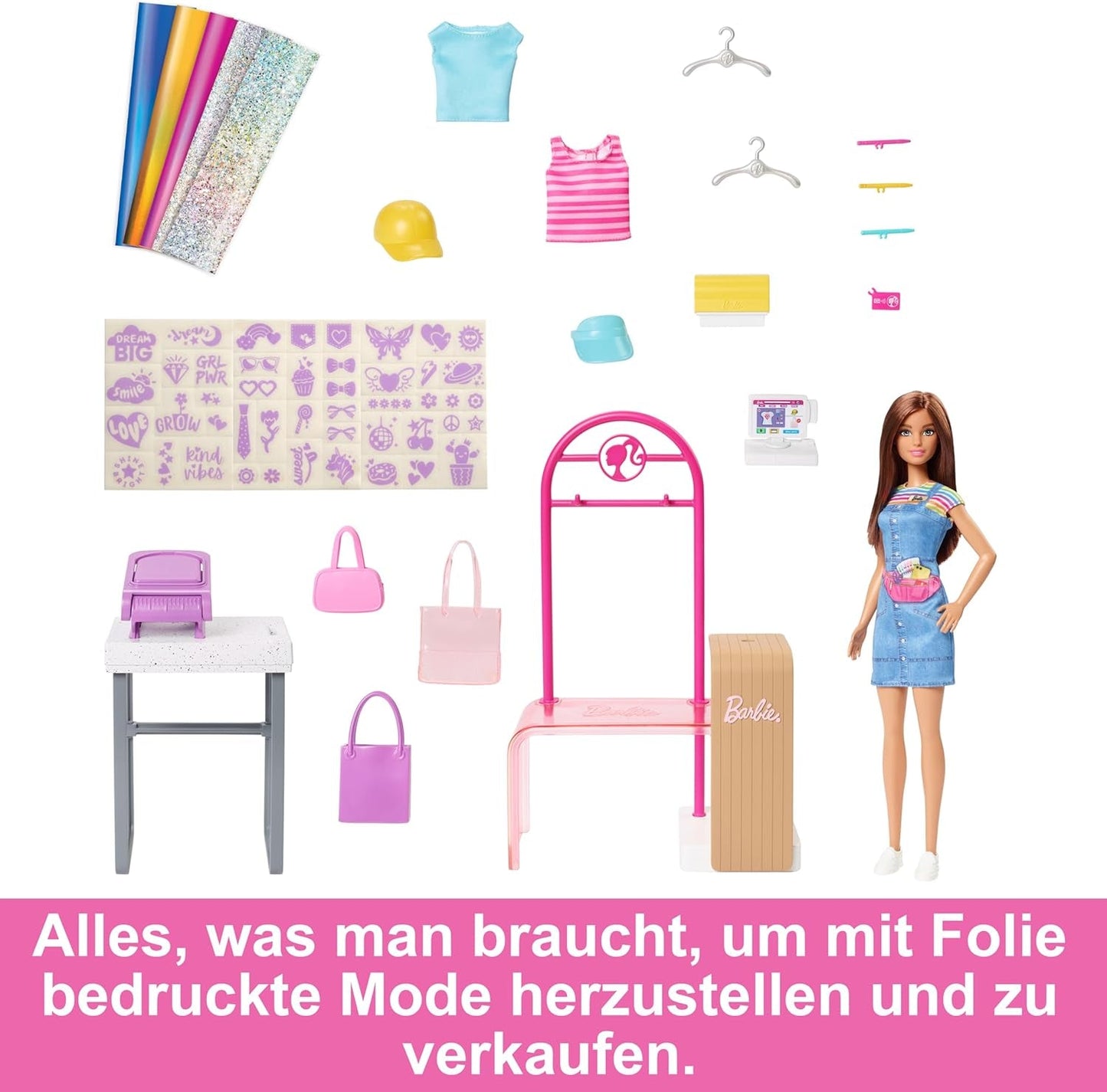 Barbie Fashion Boutique Spielset – Puppe mit Folienmuster, über 150 originelle Looks, inklusive 2 Blusen und 5 Folienlaken, Kleiderständer und Kreditkartenleser, ab 3 Jahren, HKT78