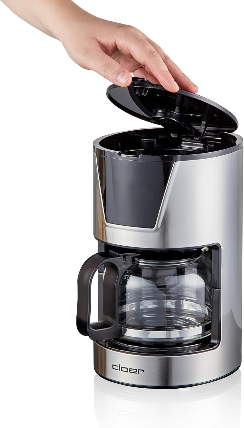 Cloer Filter-Espressomaschine für 6 Tassen, schonende Warmhaltefunktion, Glaskaraffe, Messlöffel, Wasserstandsanzeige, Anti-Tropf-System, automatische Abschaltung, Filtergröße 1x2, 550 W, Edelstahl