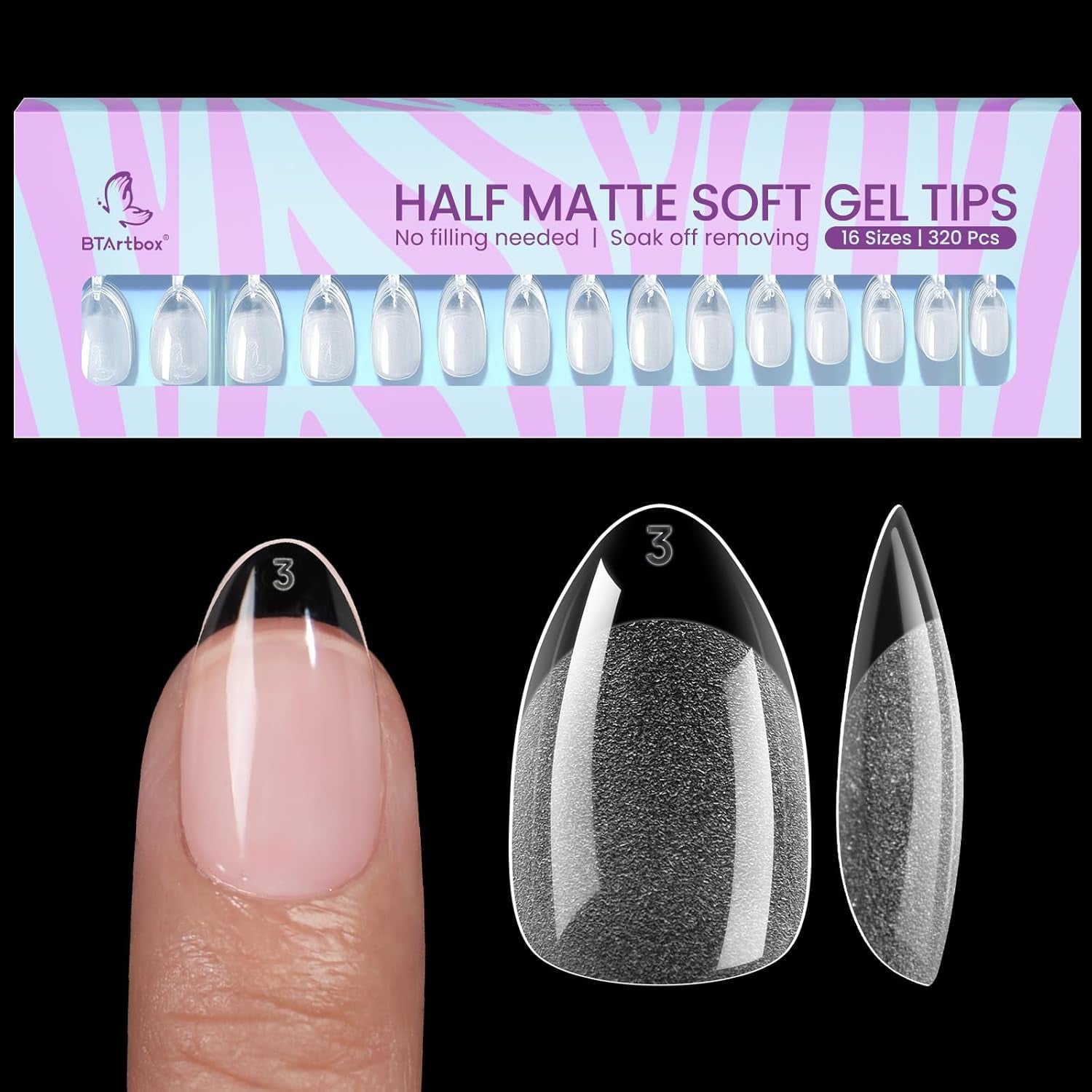 Btartbox Extra kurze Mandel-Nagelspitzen – Volldeckende Gel-X-Soft-XS-Gel-Nagelspitzen – Vorgeformte Halbmatte für breite Nägel Salon 320 Stück