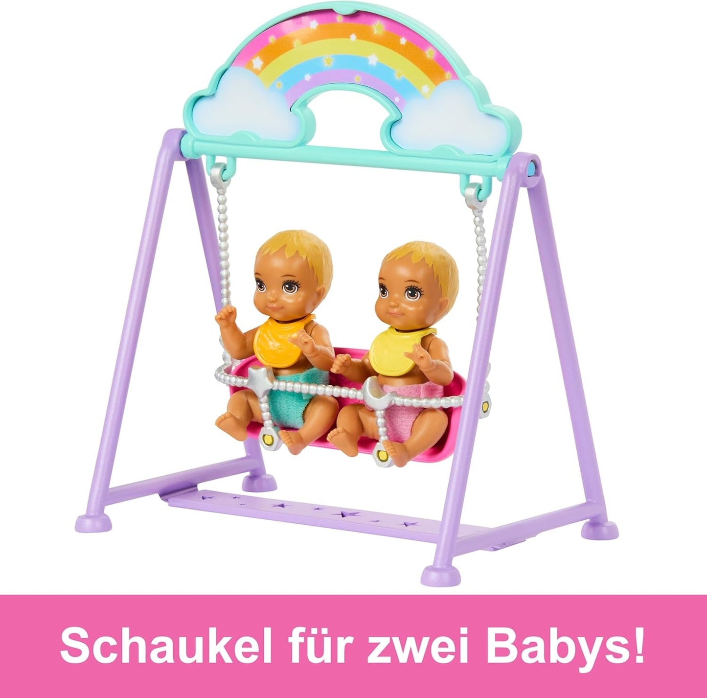 Barbie Skipper-Puppe und Spielhaus mit Zubehör, enthält Zwillingspuppen, 1 Kinderbett, 1 Schaukel, 1 Wippe und mehr, HXM99
