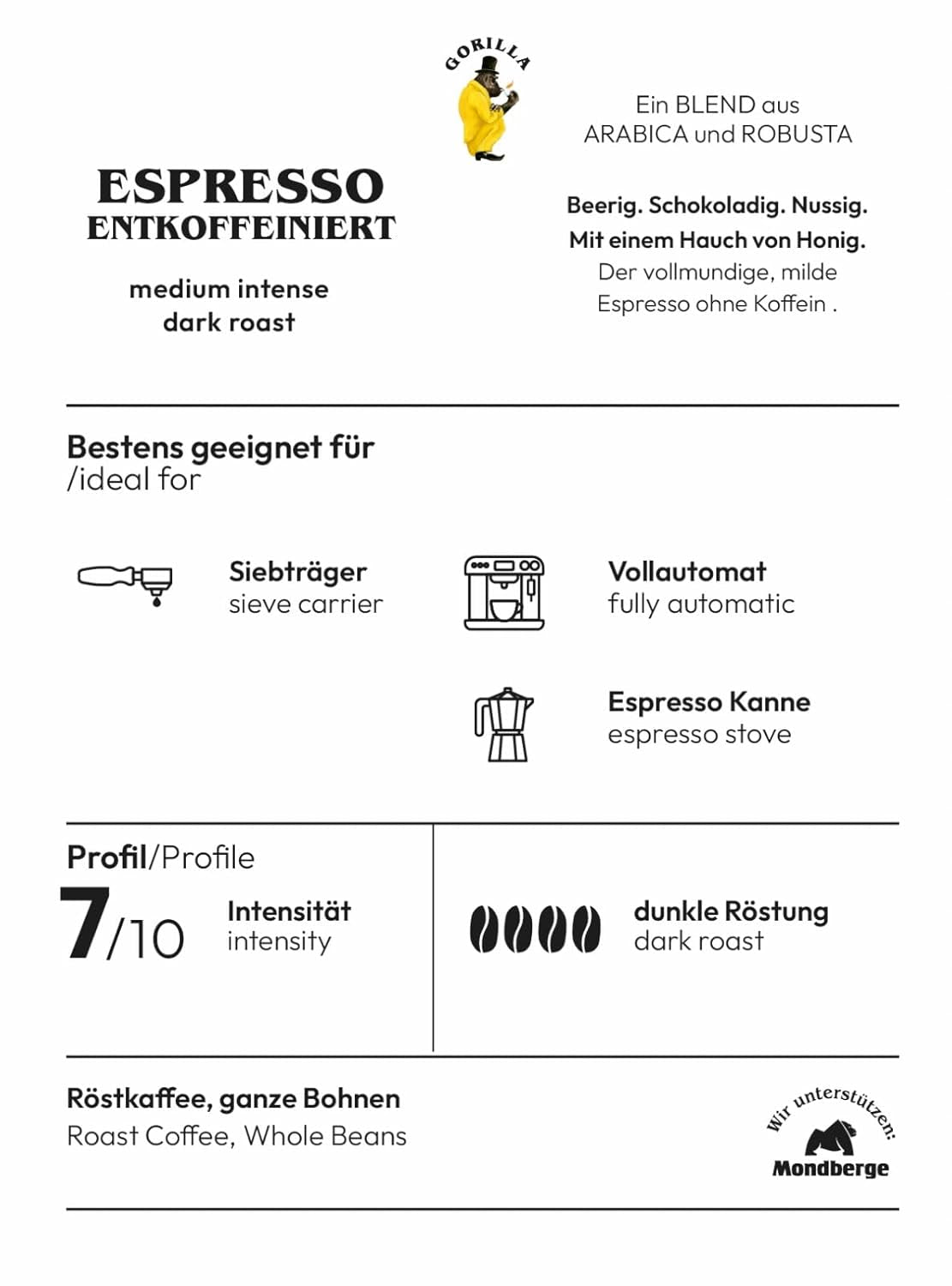 Espresso GORILLA 1000g entkoffeiniert, ganze Bohnen