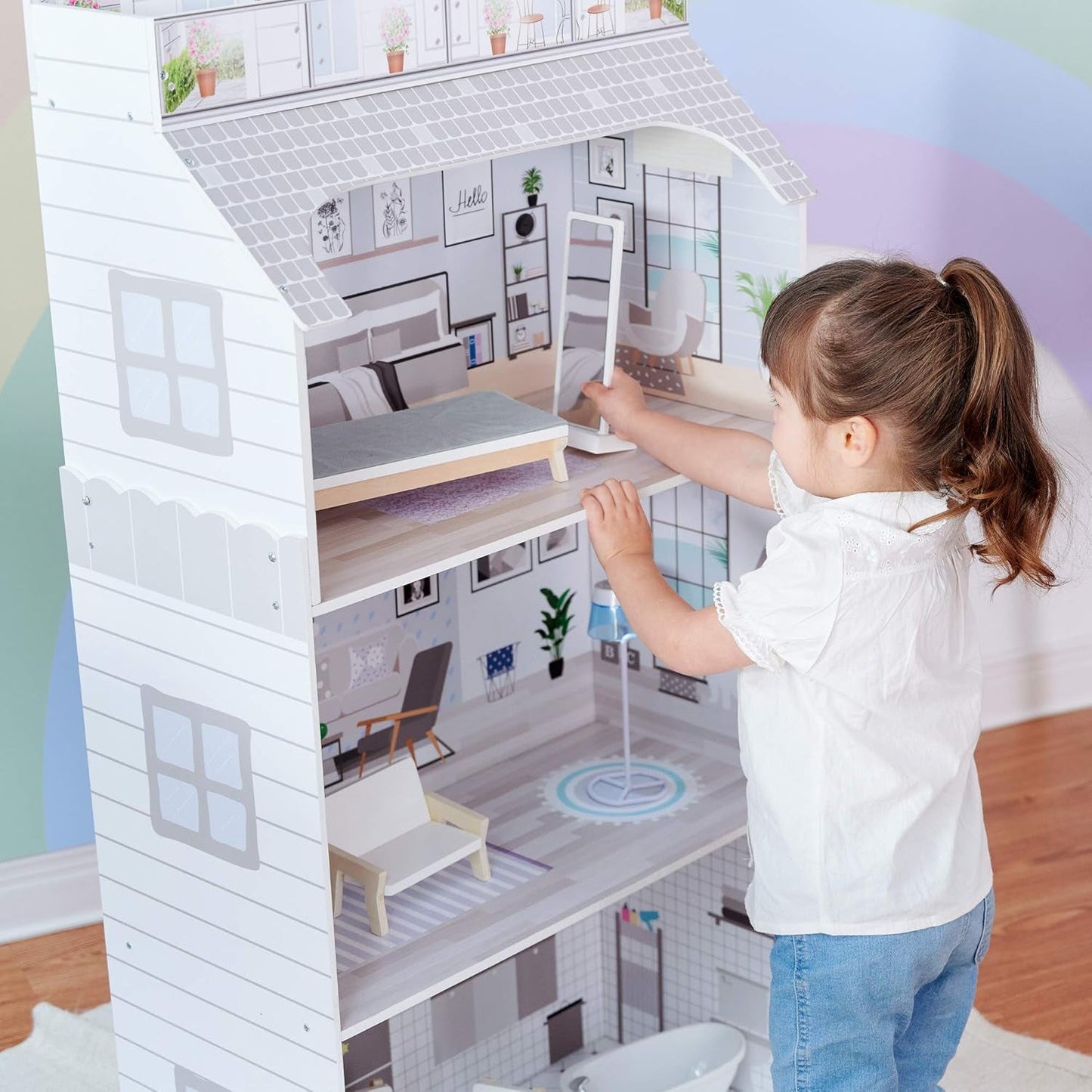 Teamson Kids Olivia's Little World Riesenpuppenhaus mit Möbeln und Zubehör, Puppenhaus aus Holz, 3-stöckiges Spielset für 30-cm-Puppen, ab 3 Jahren