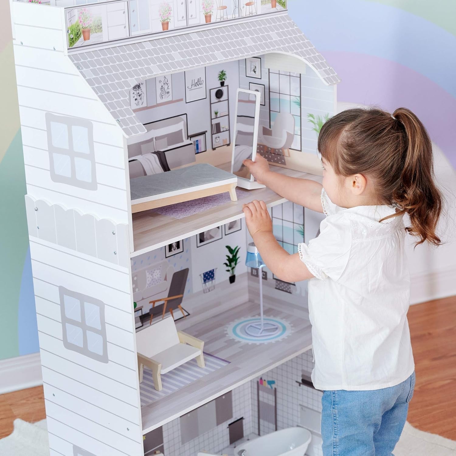 Teamson Kids Olivia's Little World Riesenpuppenhaus mit Möbeln und Zubehör, Puppenhaus aus Holz, 3-stöckiges Spielset für 30-cm-Puppen, ab 3 Jahren