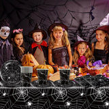 49-teiliges Halloween-Spinnen-Papierbesteckset mit Tellern, Servietten, Gläsern und Tischdecke. Schwarzes Geschirrset mit Desserttellern, Servietten und Gläsern.