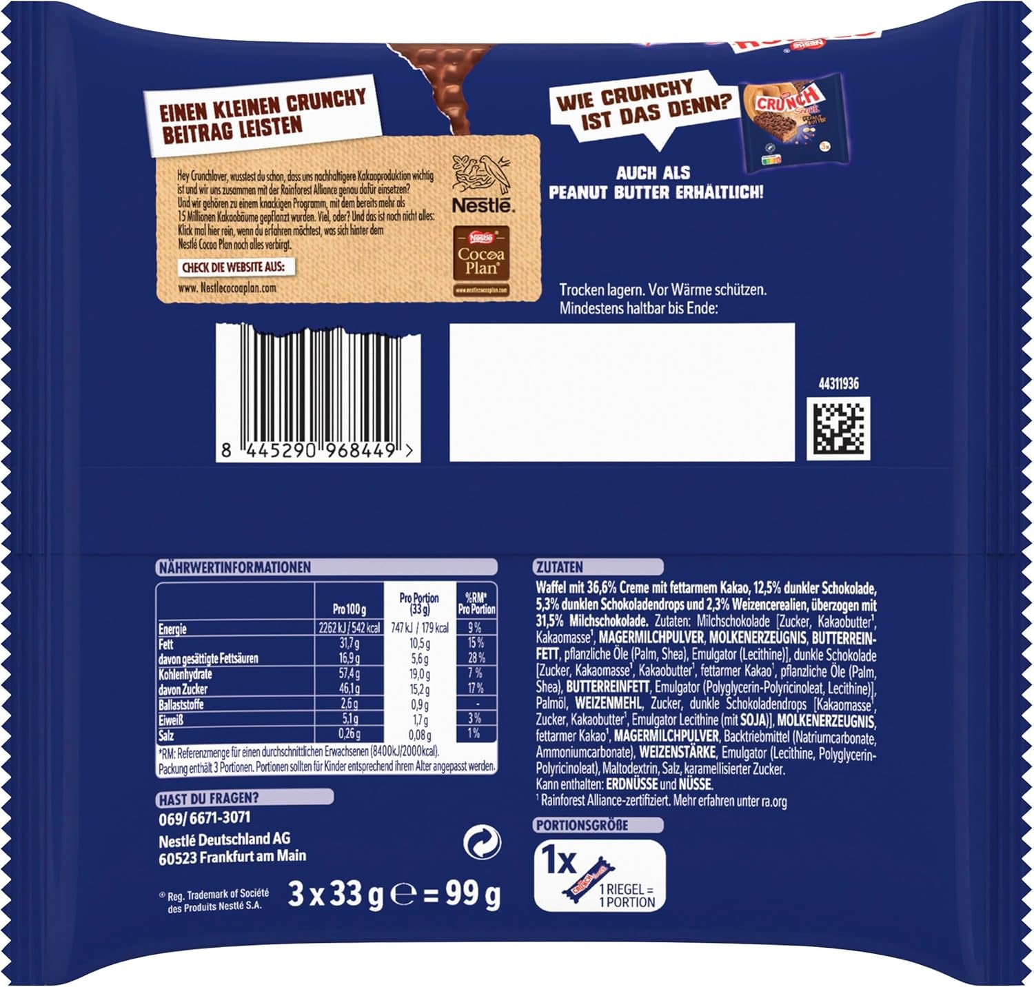 Nestlé CRUNCH Milk Bar, knuspriger Schokoriegel mit Milchschokolade und Müsli, 1 Packung (3 x 33 g)