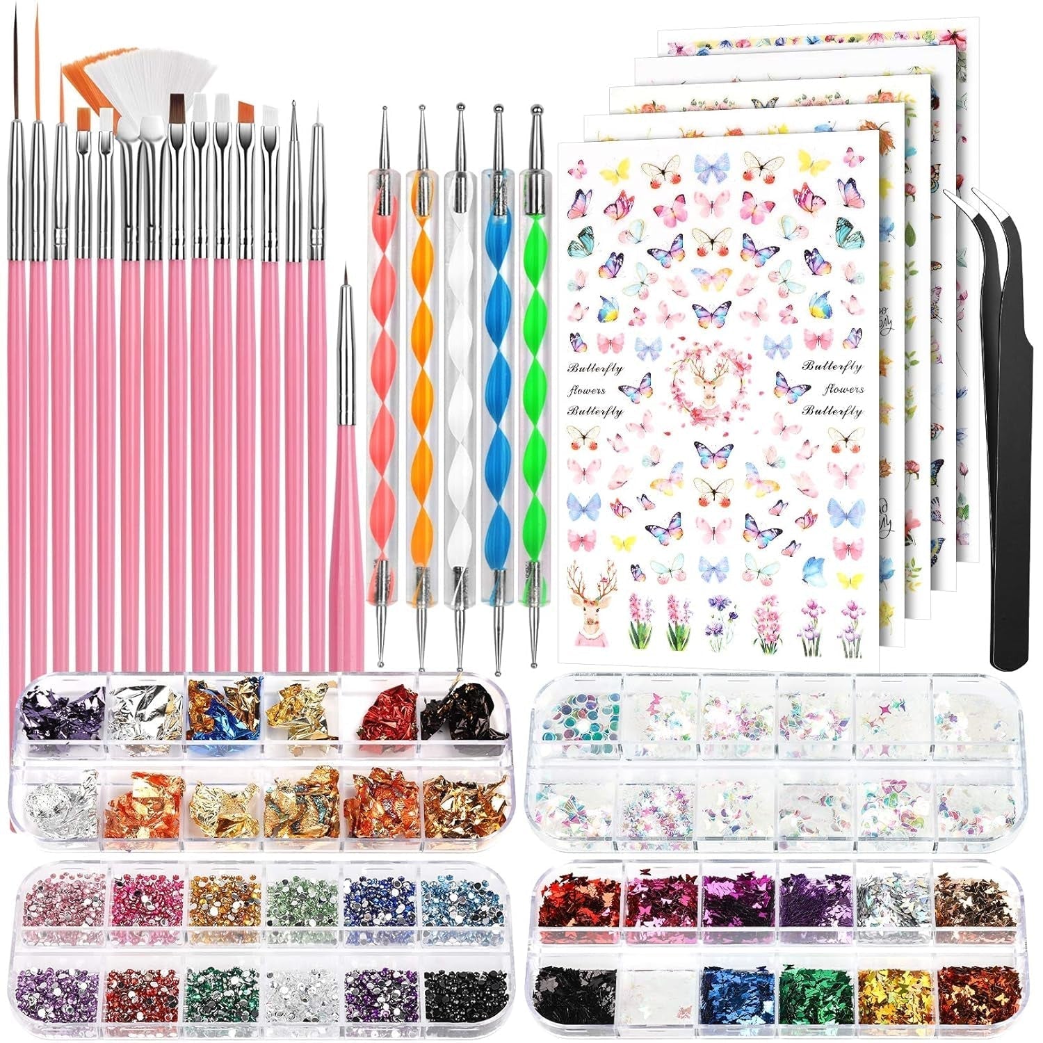 FANDAMEI Pinsel Für Gelnägel, 15 Stück Nagel Pinsel, 5 Blätter Nagelsticker, Strasssteine ​​​​Nägel, Nageldesign Set, Nageldesign Zubehör, Nail Art Pinsel Set, Nailart Pinsel Und Dekorationen Set