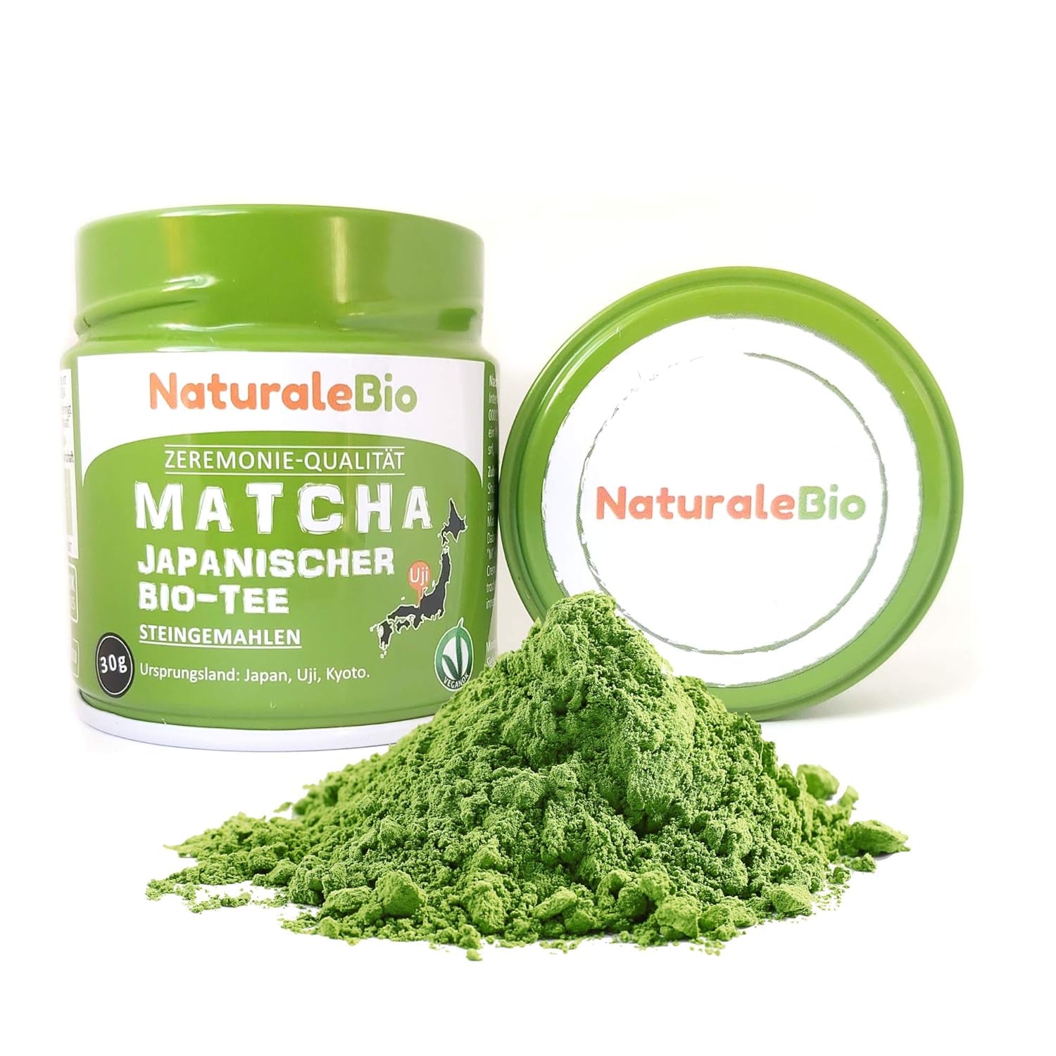 Naturalebio Matcha-Teepulver in zeremonieller Qualität. Original grüner Tee aus Japan. Matcha-Grüntee-Pulver in Zeremonienqualität, hergestellt in Uji, Kyoto. Ideal zum Trinken, Kochen und für Latte Macchiato. Schachtel mit 30 g.