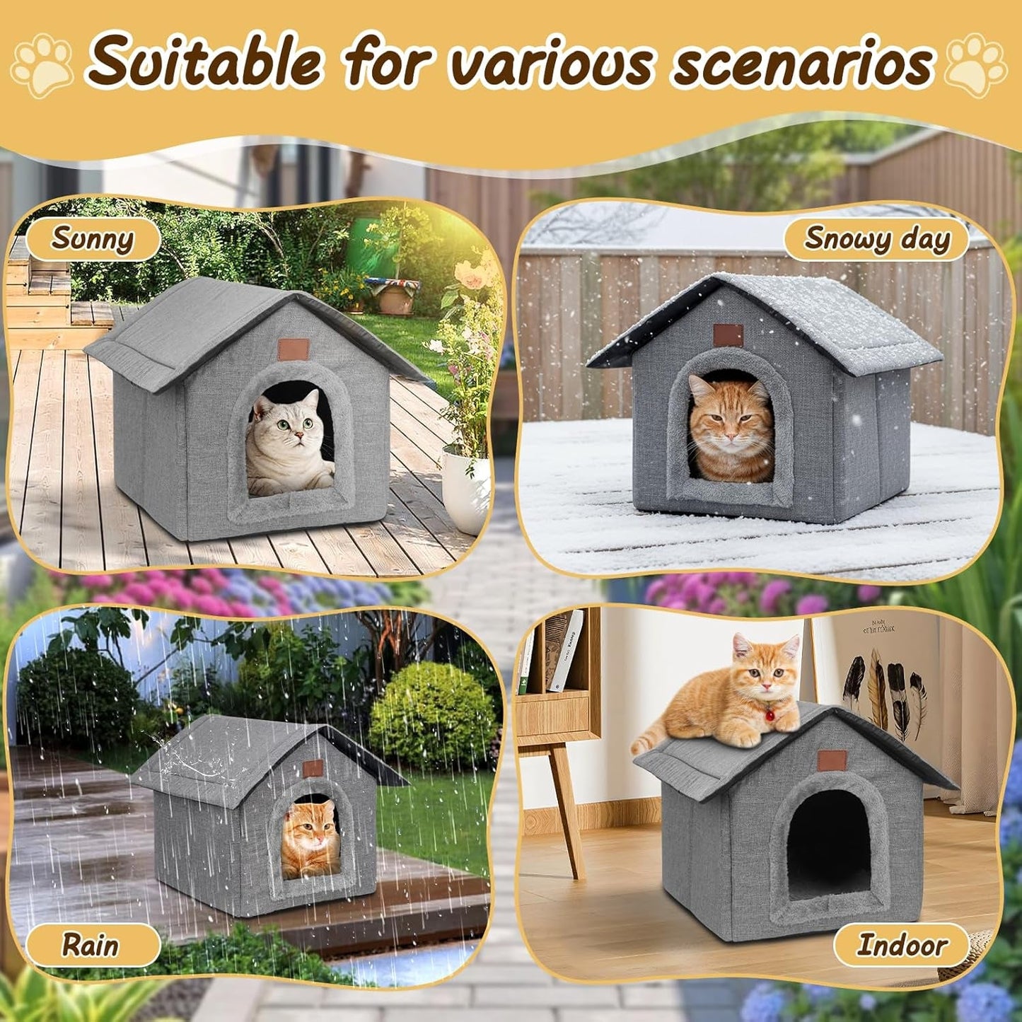 Katzenhaus Outdoor Winterfest, Katzenhöhle, Hundehöhle mit abnehmbarem Plüschkissen, Wasserdichter Wetterfester, Hundehütte Indoor, Hundehaus für Drinnen/Indoor 35x30x35cm (Grau, S)
