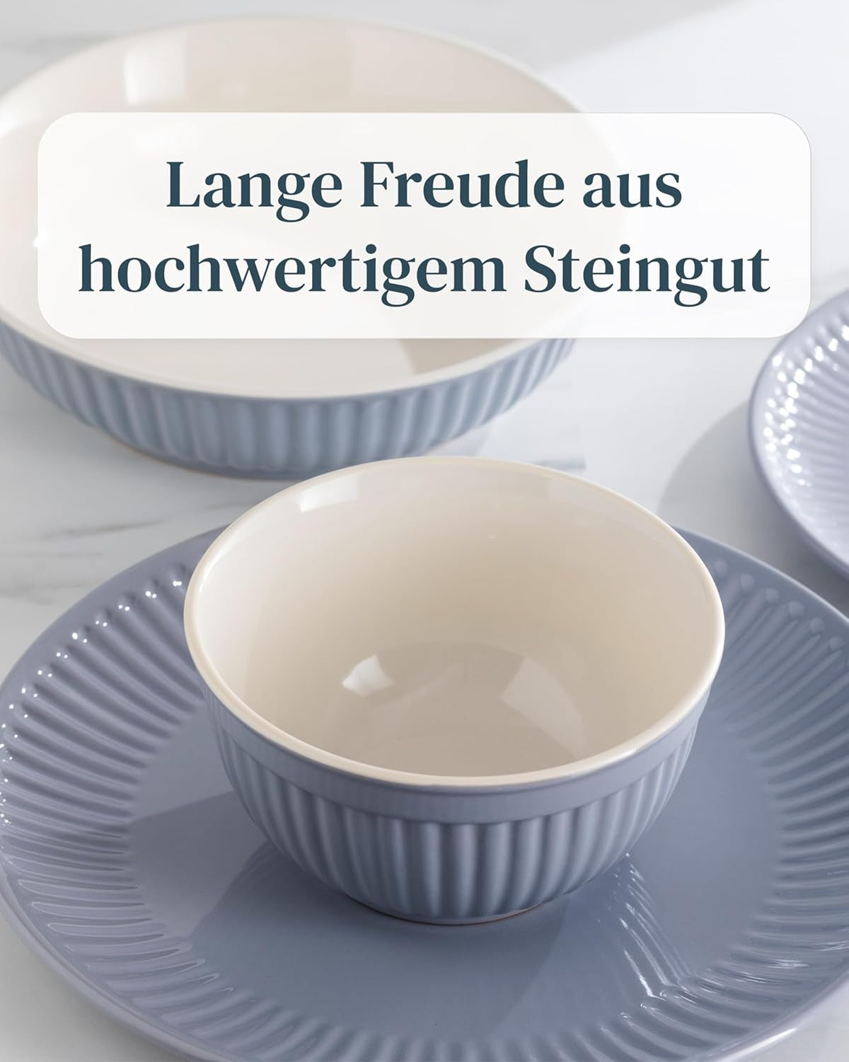 Keramikgeschirrset für 6 Personen, Hygge, 24-teilig. TESTSIEGER Verträumtes skandinavisches Steingut-Geschirr-Set mit Schüssel und Teller für 6 Pure Living-Geschirrsets in Graublau