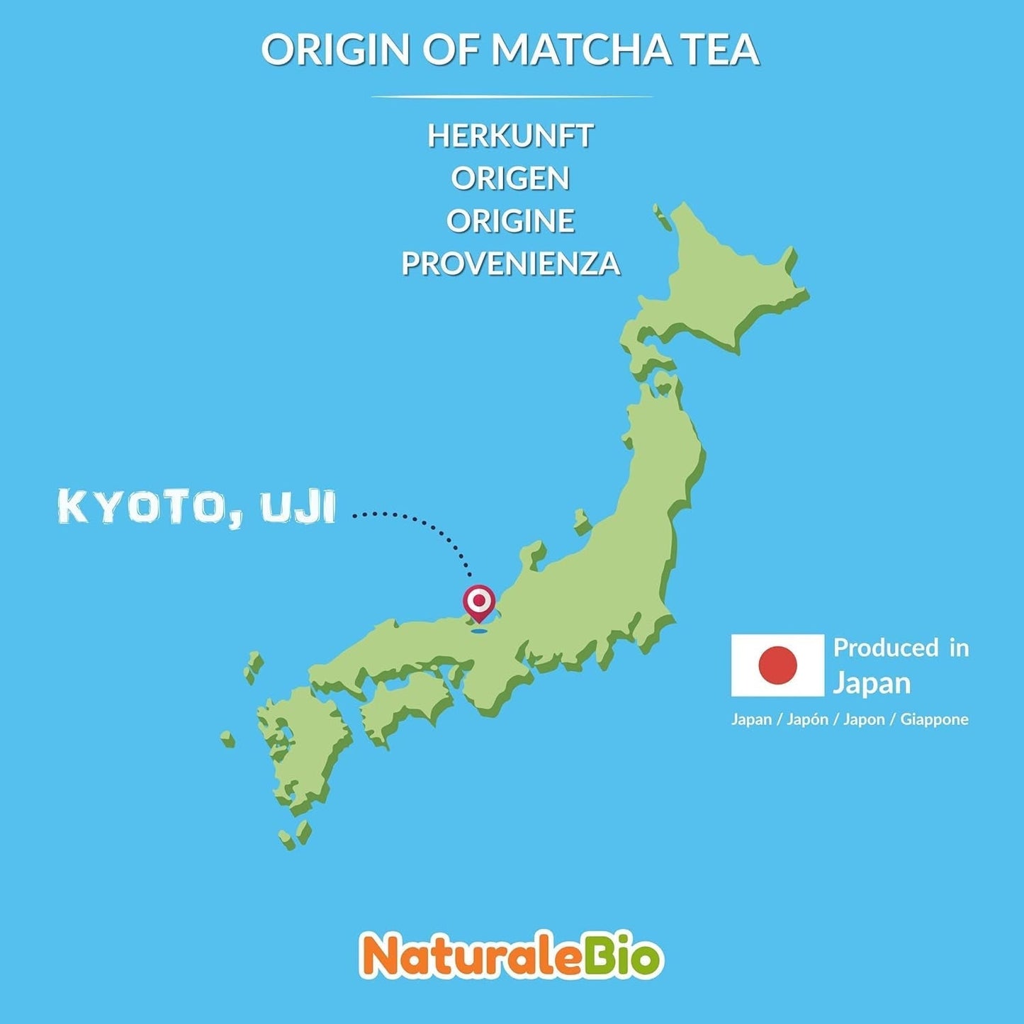 Naturalebio Matcha-Teepulver in zeremonieller Qualität. Original grüner Tee aus Japan. Matcha-Grüntee-Pulver in Zeremonienqualität, hergestellt in Uji, Kyoto. Ideal zum Trinken, Kochen und für Latte Macchiato. Schachtel mit 30 g.
