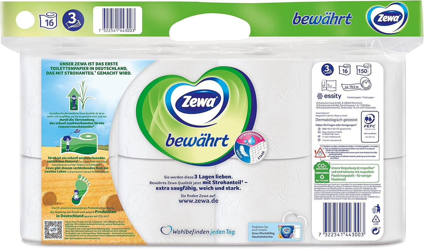 Zewa Proven – 48 Rollen – Das erste Toilettenpapier mit Strohanteil – 3 Schichten