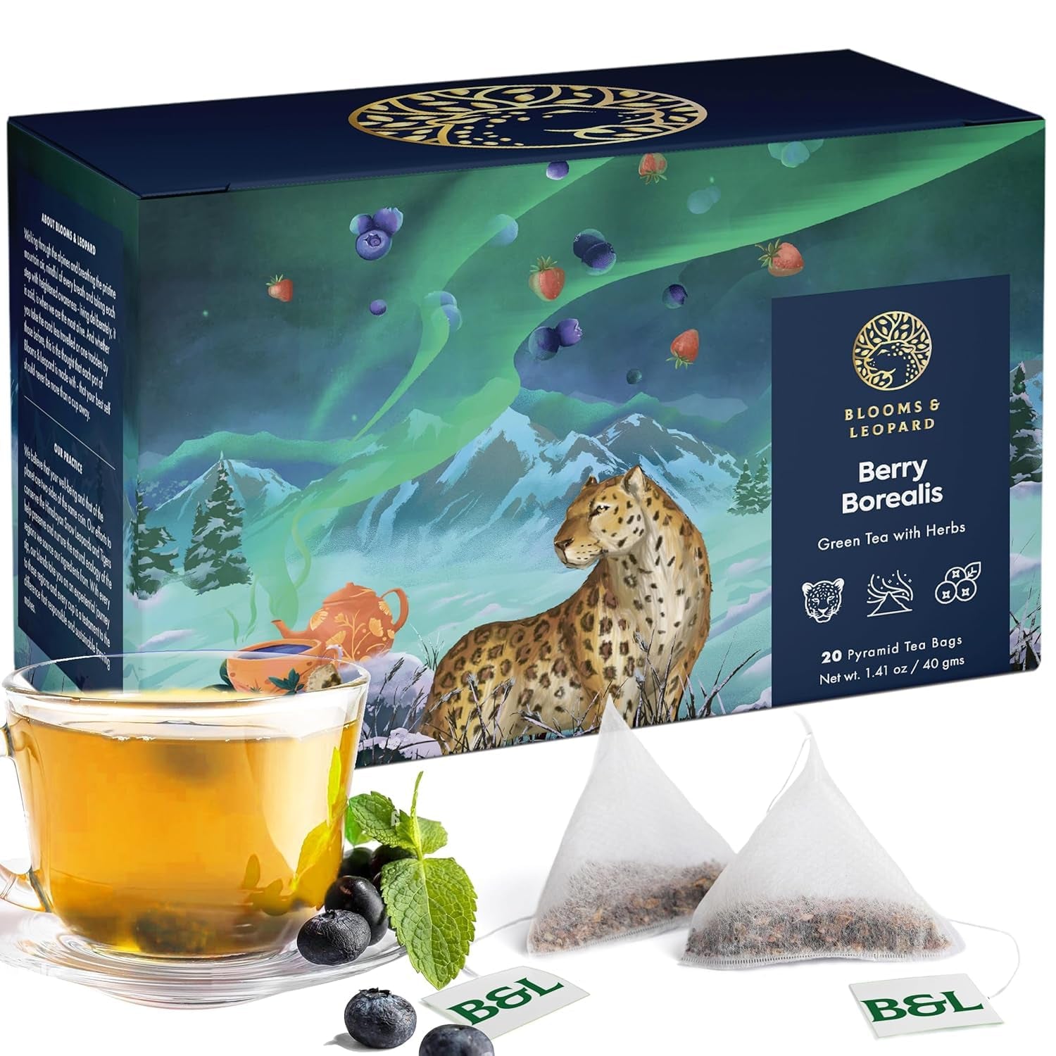 Blooms & Leopard Premium-Grünteebeutel – Beeren-Borealis-Mischung mit Hibiskus, Blaubeere, Erdbeere und grüner Minze – 20 Pyramiden-Teebeutel für heißen oder kalten Tee